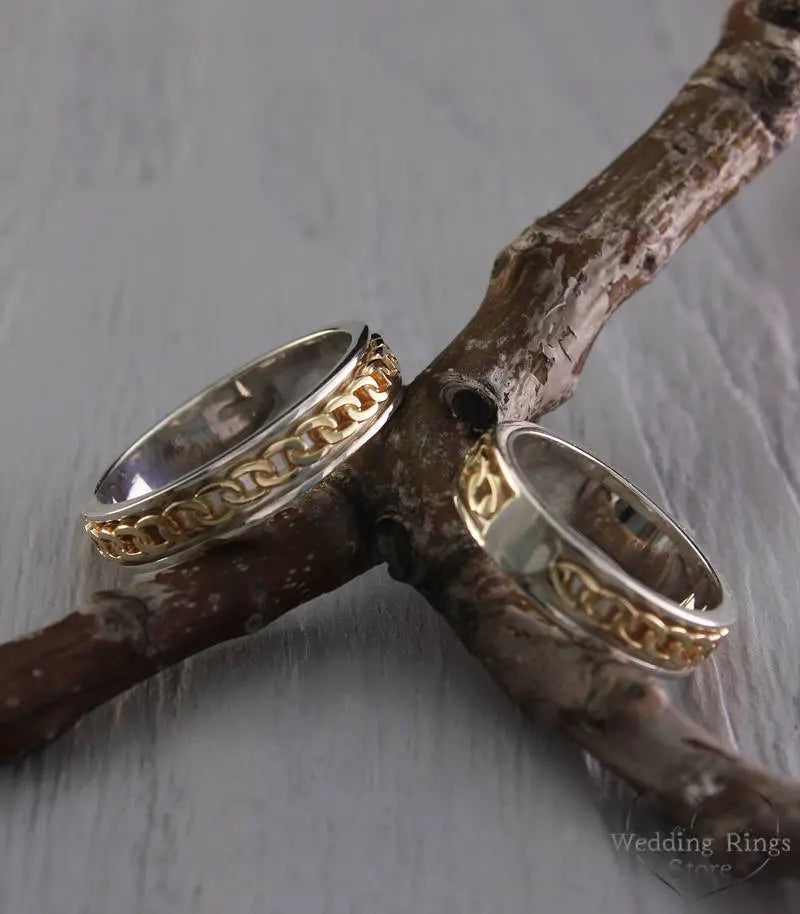 Mixed metals Chain Rings — Couple Wedding Set