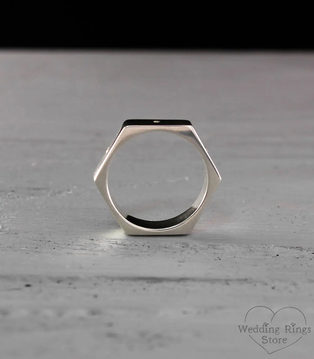 Geometric Hexagon Ring with White Diamond Gems Silver