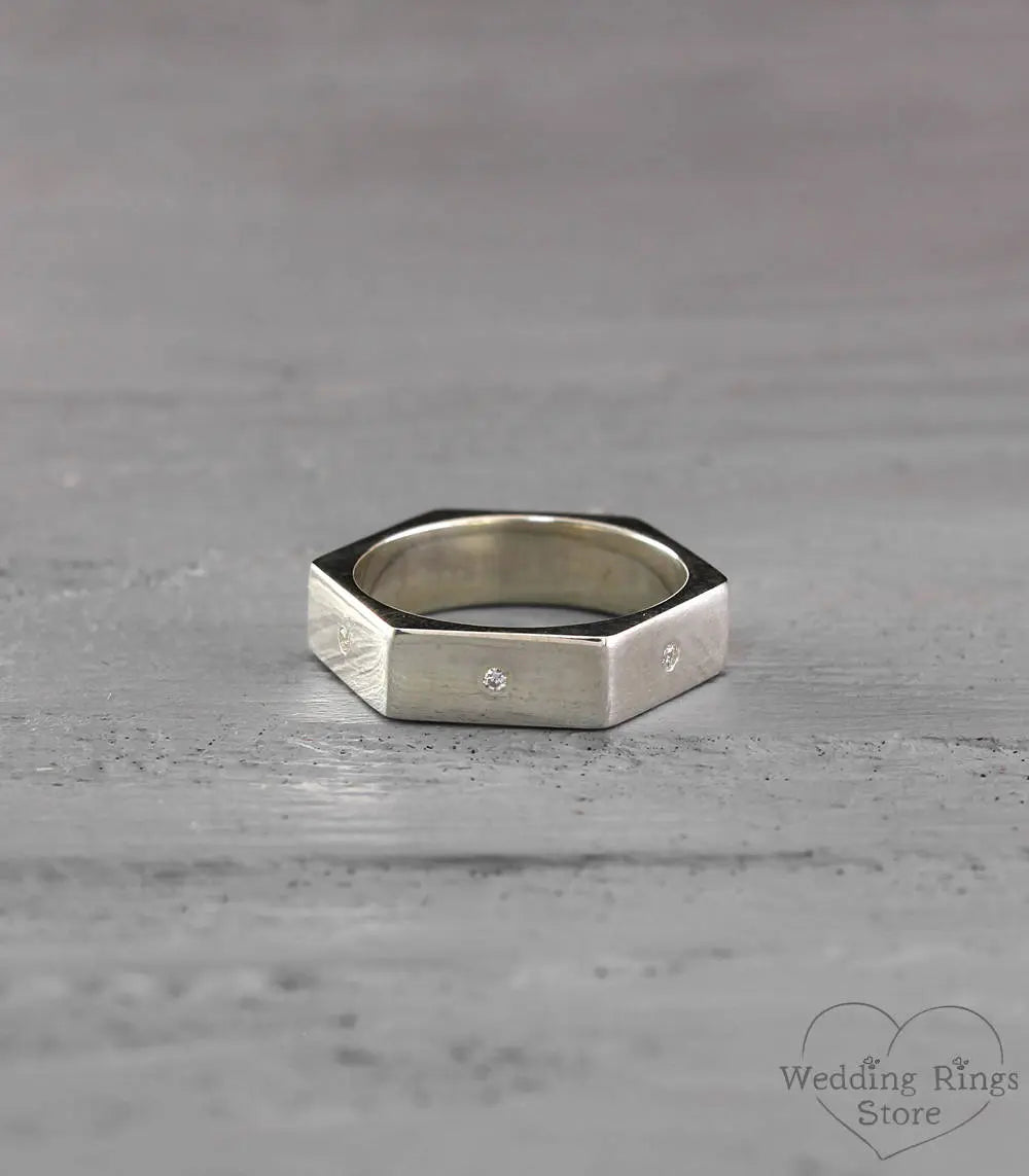 Geometric Hexagon Ring with White Diamond Gems Silver