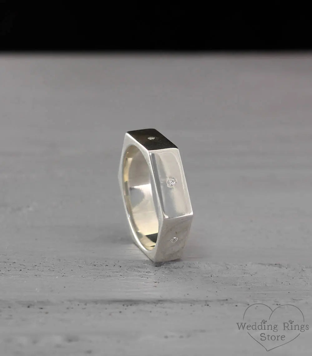 Geometric Hexagon Ring with White Diamond Gems Silver