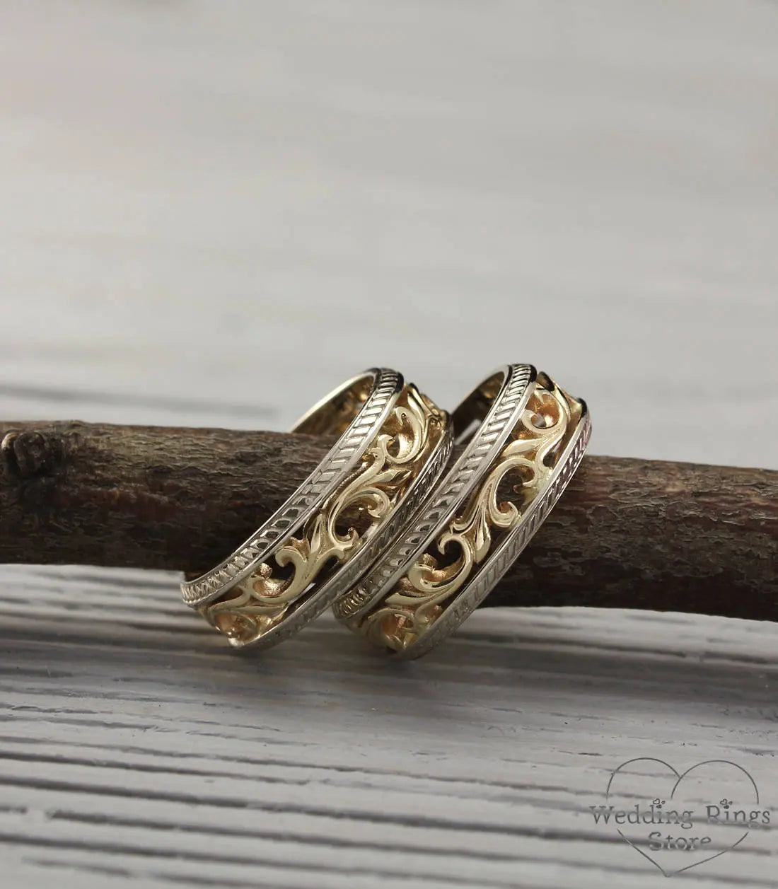 Mixed metals Vine & Filigree Vintage style Wedding Bands Set