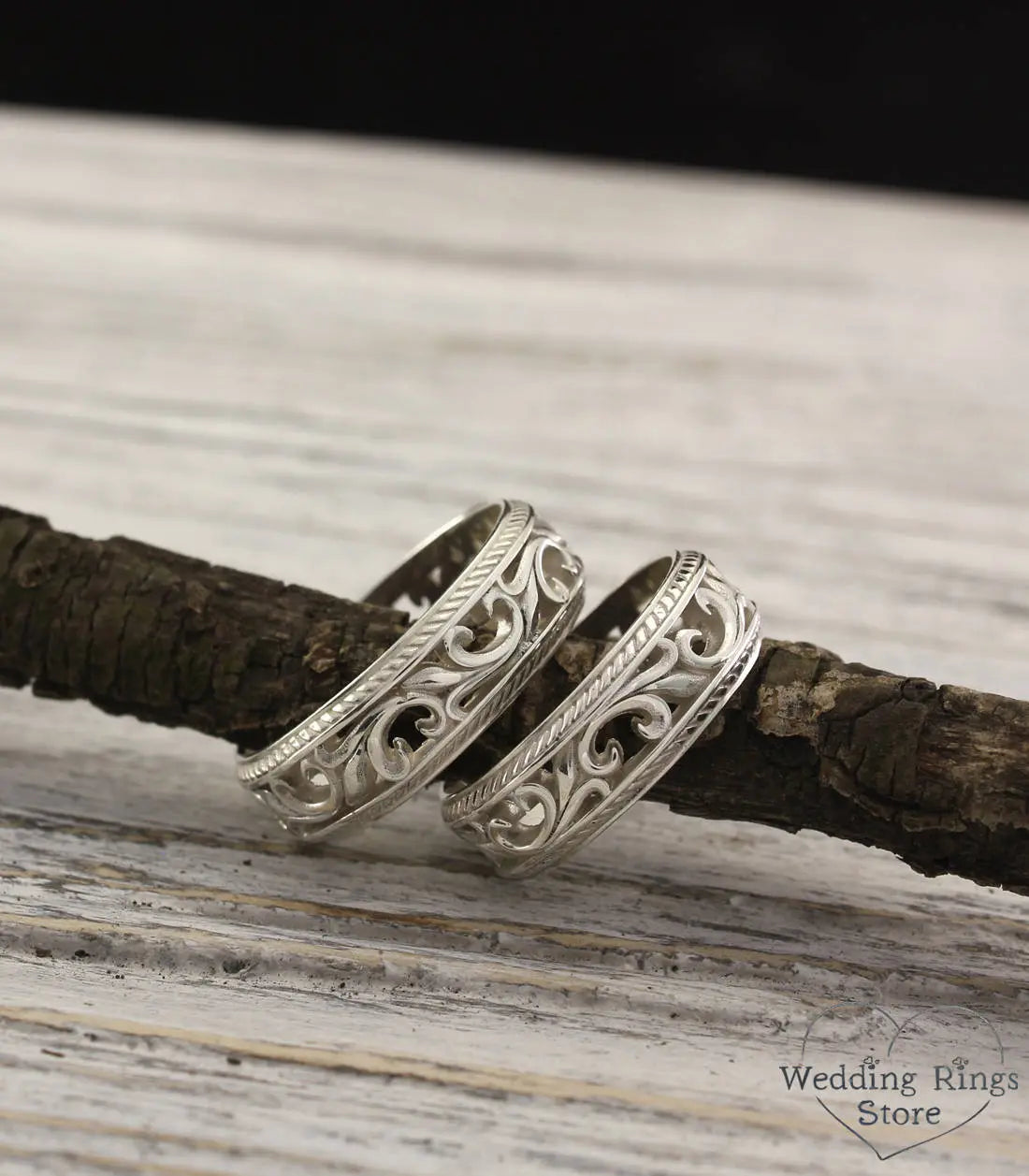 Filigree Vintage style Silver Wedding Bands Set for Couple