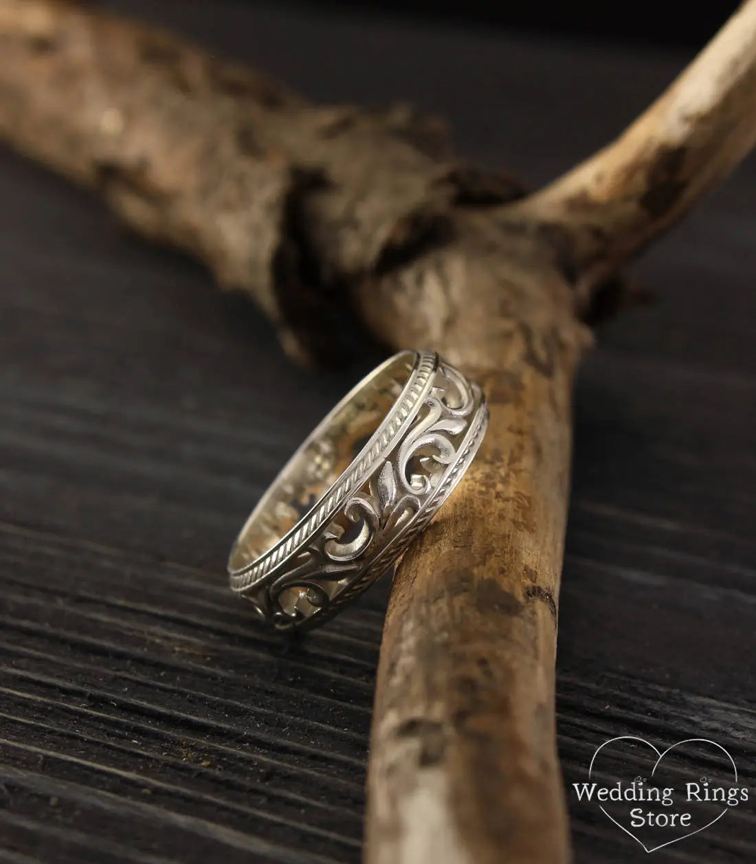 Silver Filigree & Vine Wedding Band – Vintage Style openwork
