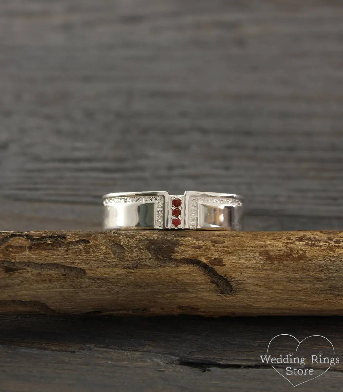 Mens Bold Garnet Wedding Ring in Solid Silver