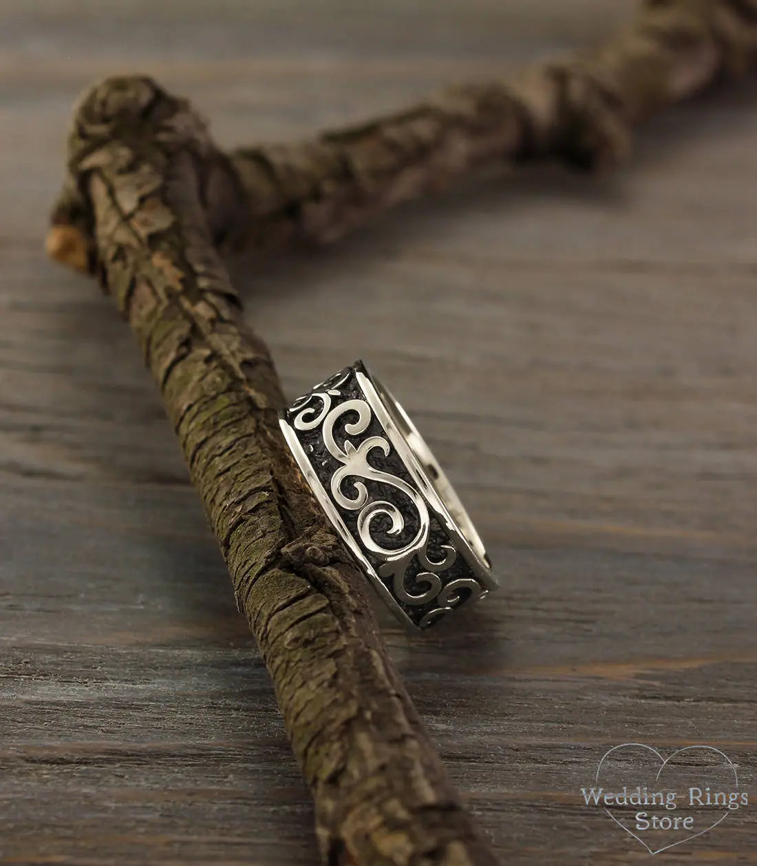 Antique style Sterling Silver Wedding Band Vines & Oxidized