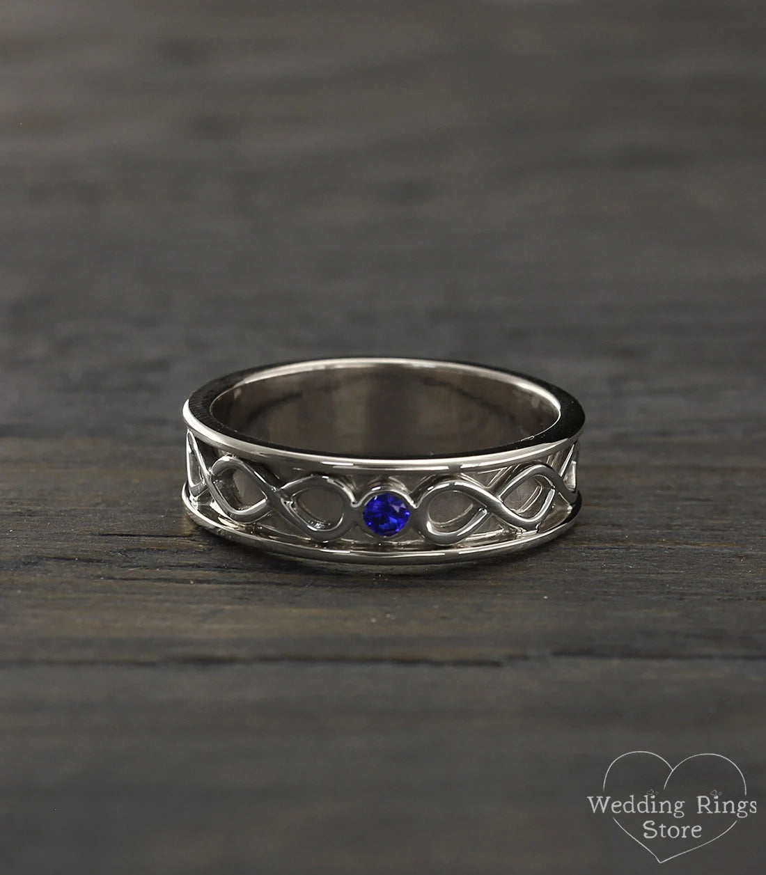 Silver Infinity Wedding Band with Bezel Sapphire