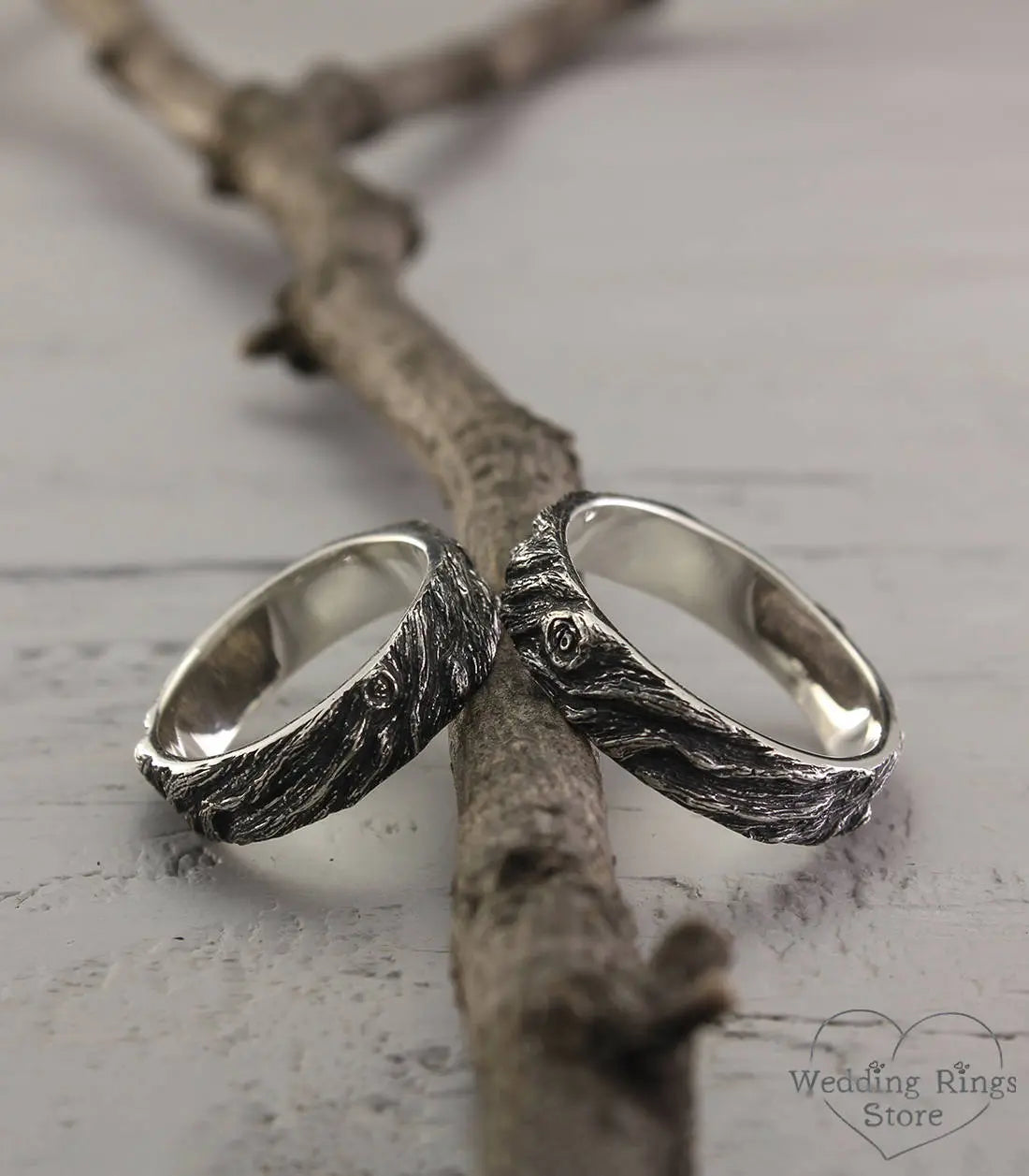 His & Her Forest Tree bark Silver Wedding Bands Set
