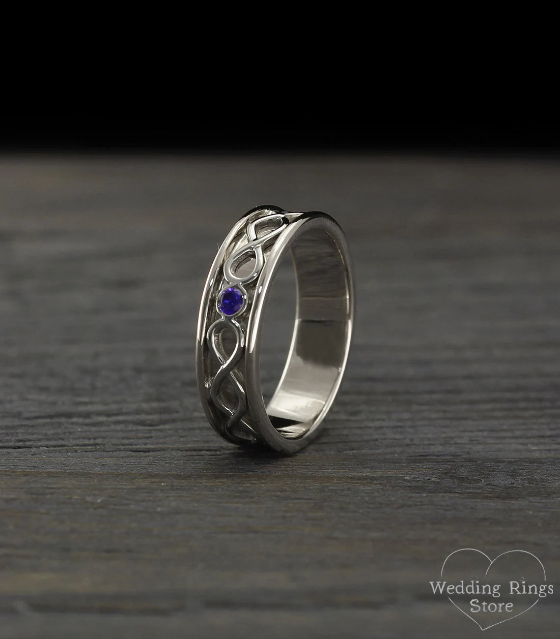 Silver Infinity Wedding Band with Bezel Sapphire