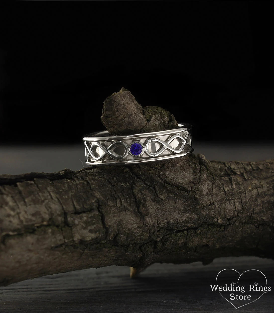 Silver Infinity Wedding Band with Bezel Sapphire