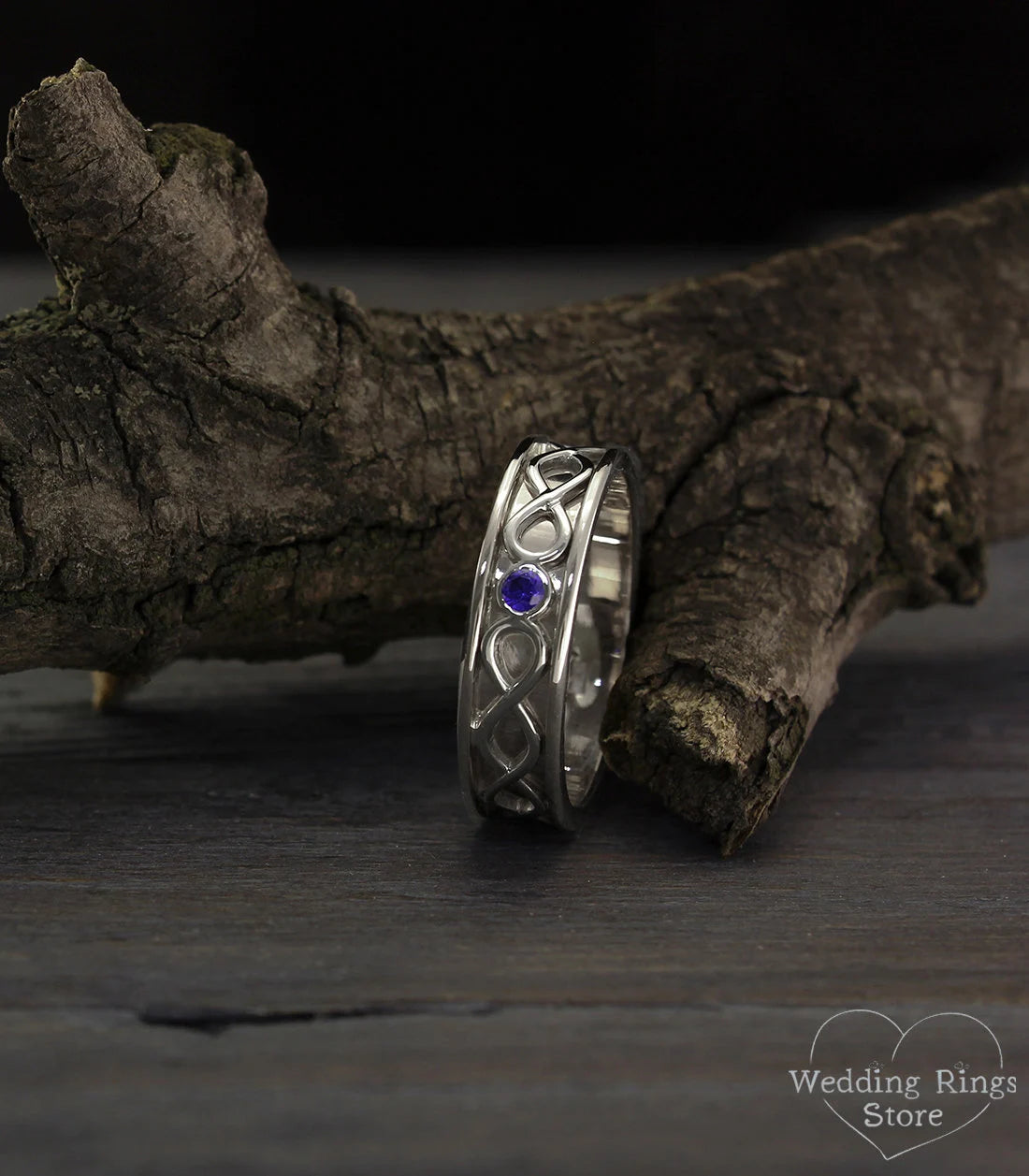 Silver Infinity Wedding Band with Bezel Sapphire