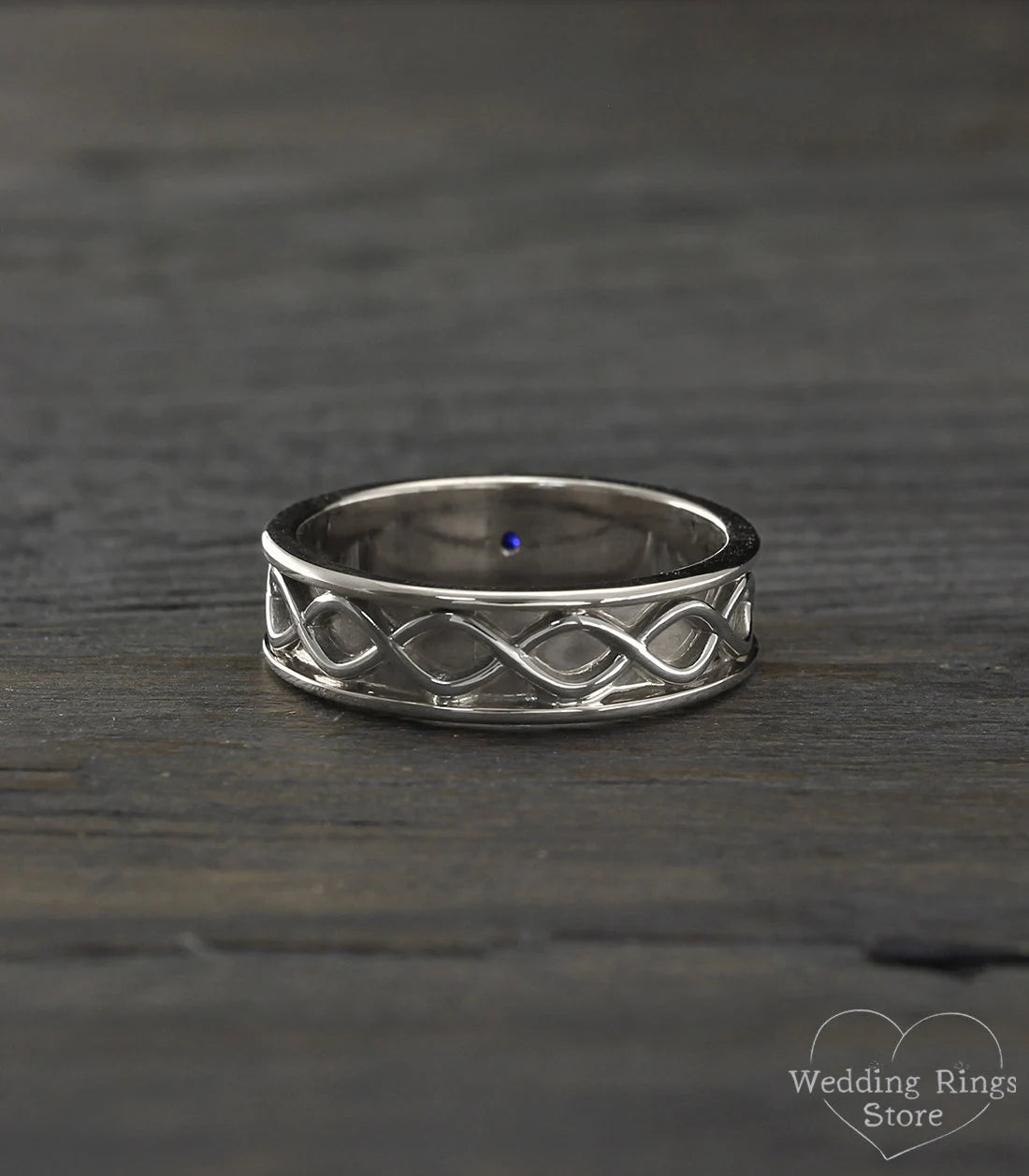 Silver Infinity Wedding Band with Bezel Sapphire
