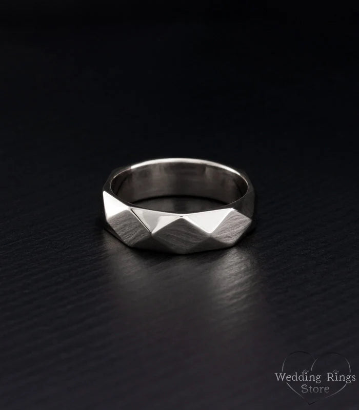 Faceted Surface Chunky Wedding Band in Solid Silver 925
