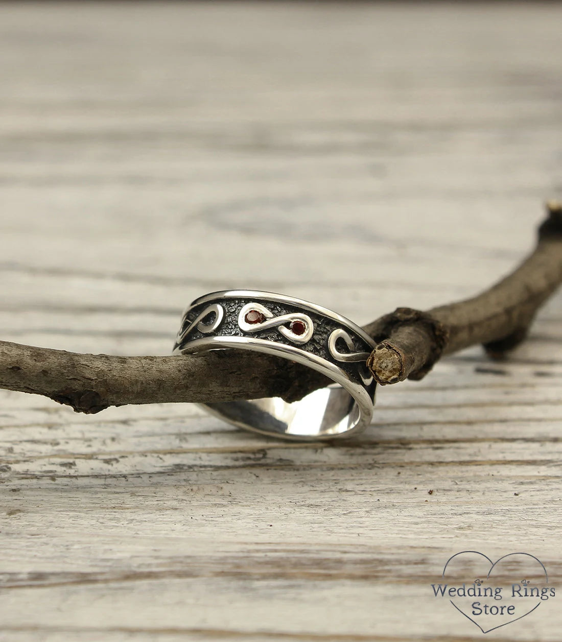 Infinity Wedding Band with Garnet Oxidized Silver