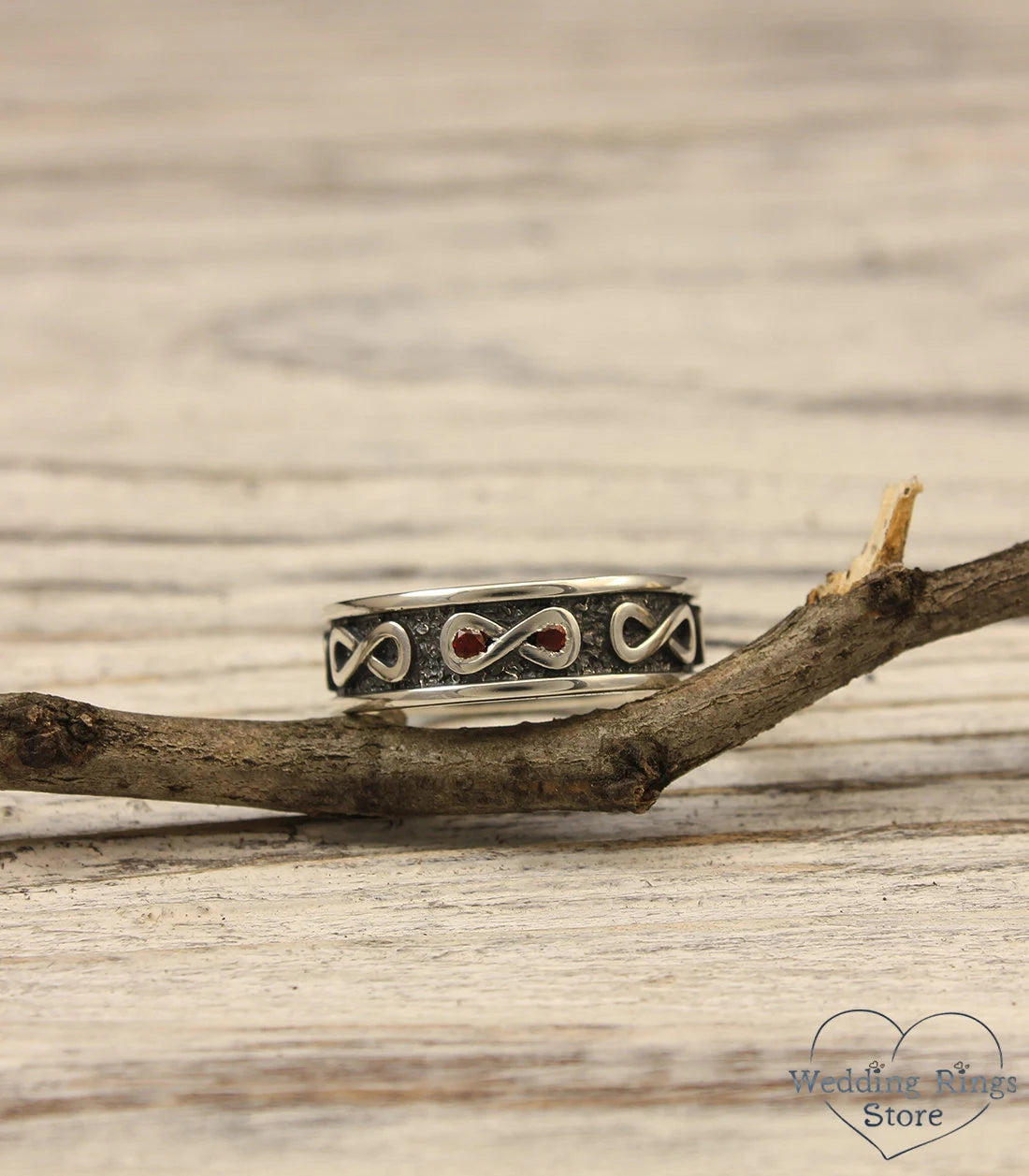 Infinity Wedding Band with Garnet Oxidized Silver