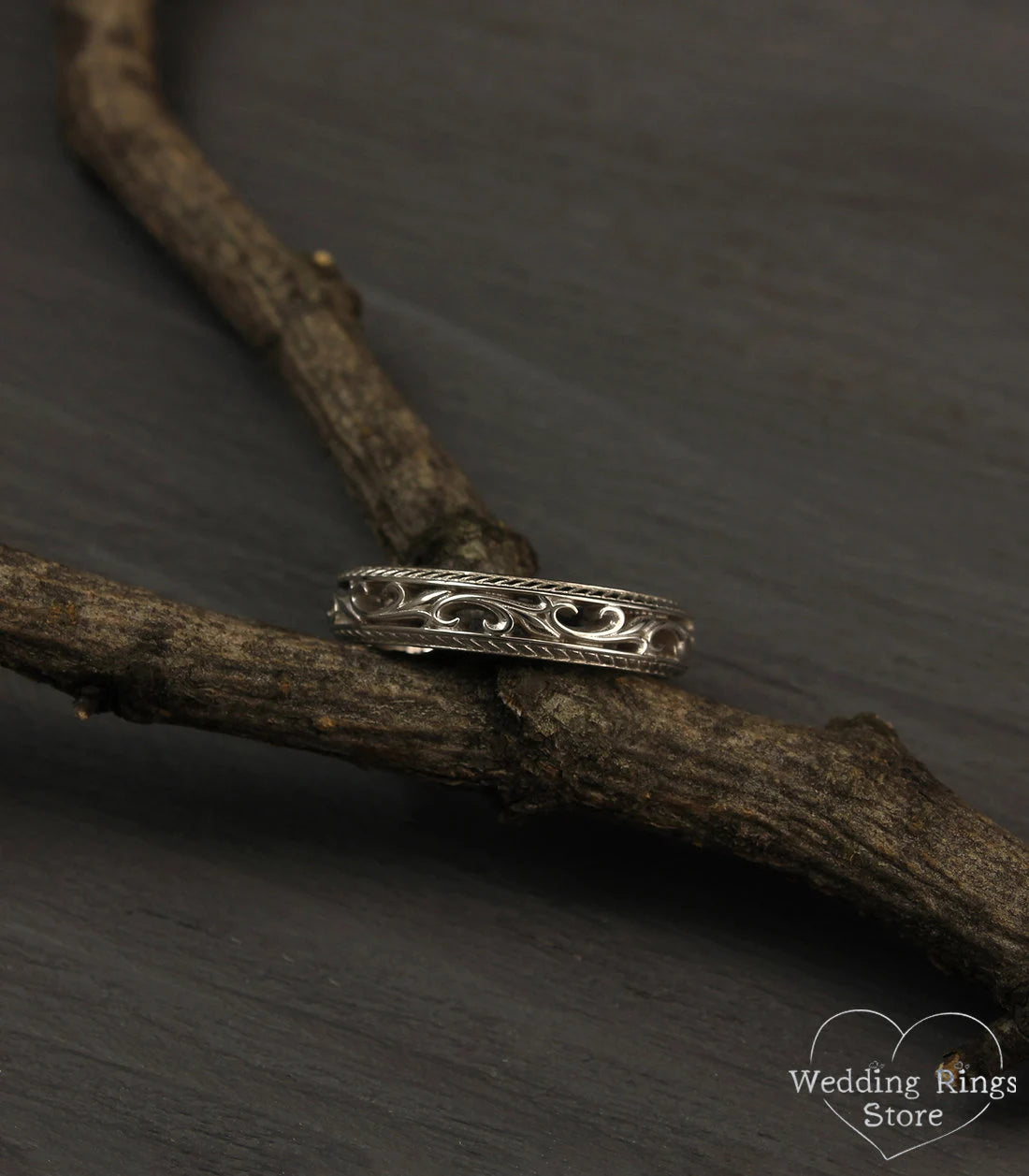 Silver Vine and Filigree Wedding Band Vintage style