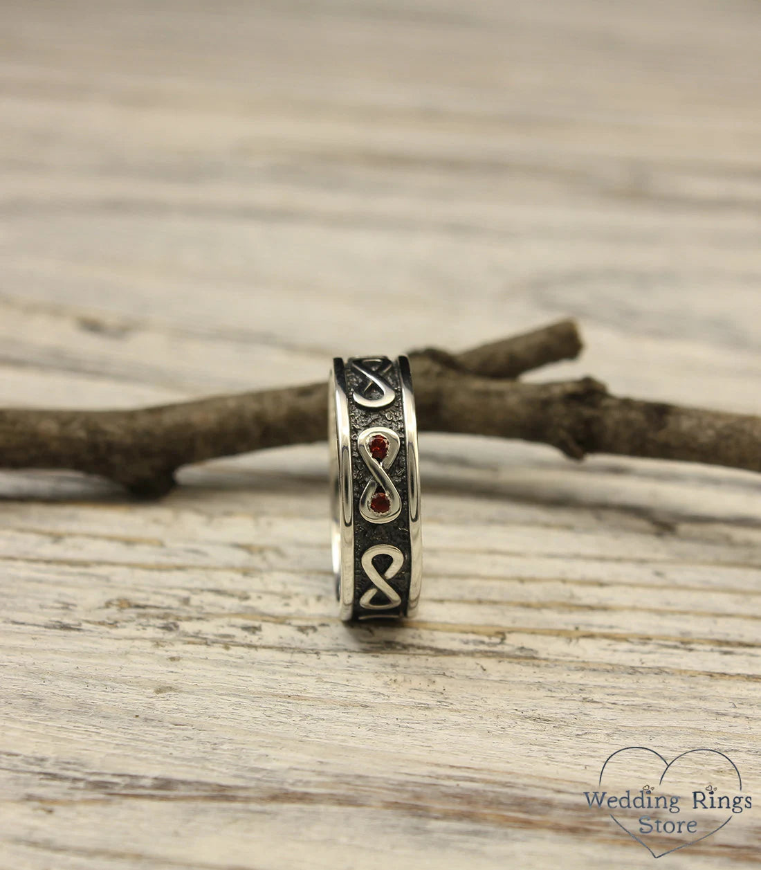 Infinity Wedding Band with Garnet Oxidized Silver