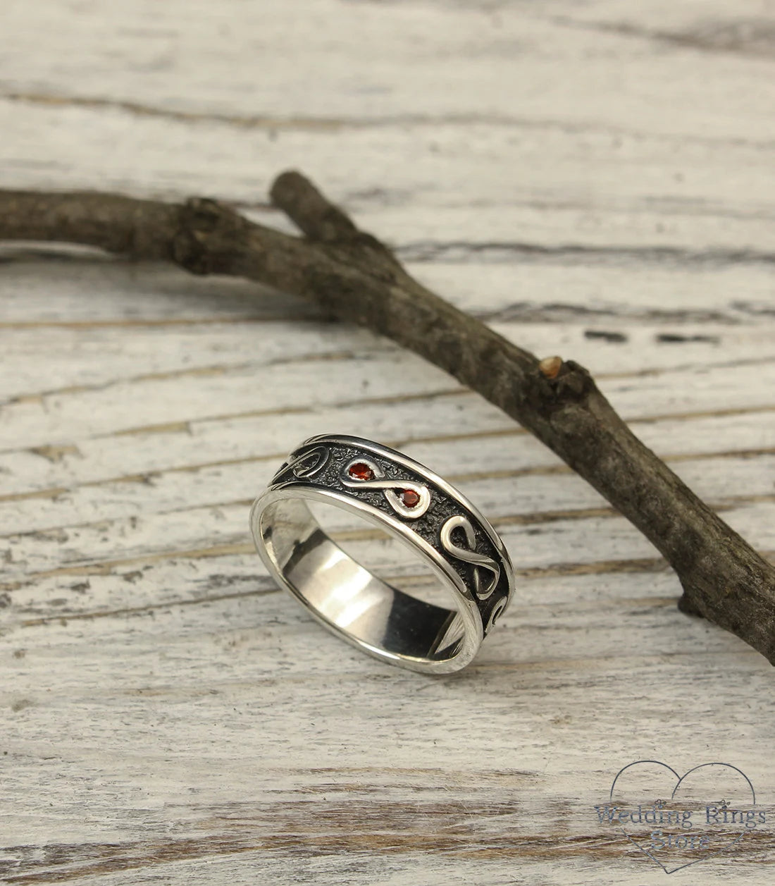 Infinity Wedding Band with Garnet Oxidized Silver