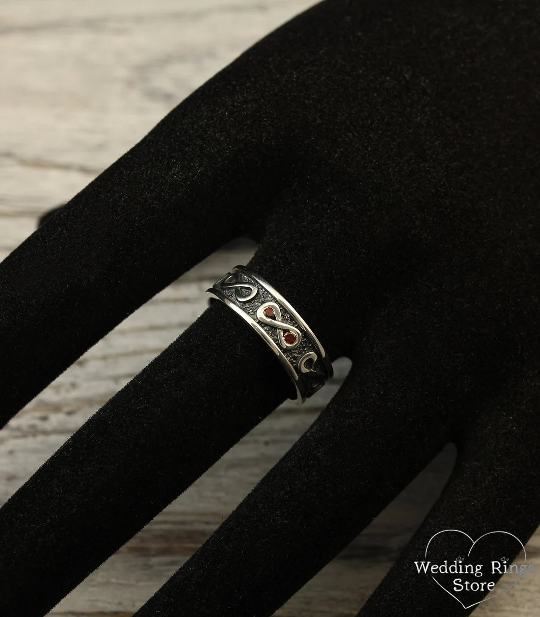 Infinity Wedding Band with Garnet Oxidized Silver