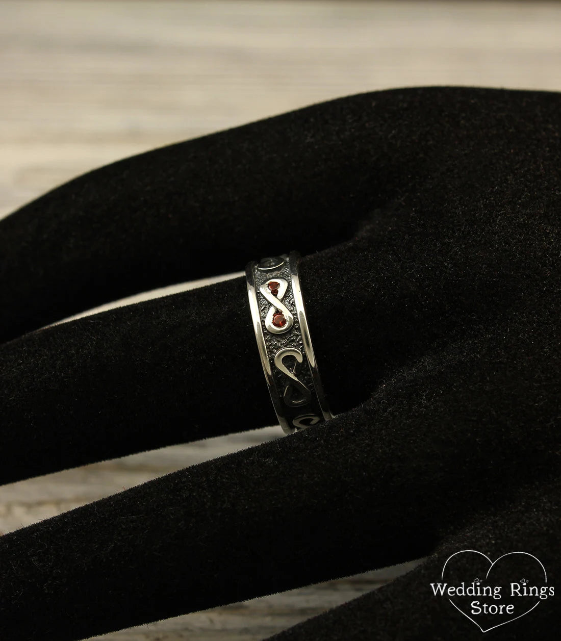 Infinity Wedding Band with Garnet Oxidized Silver