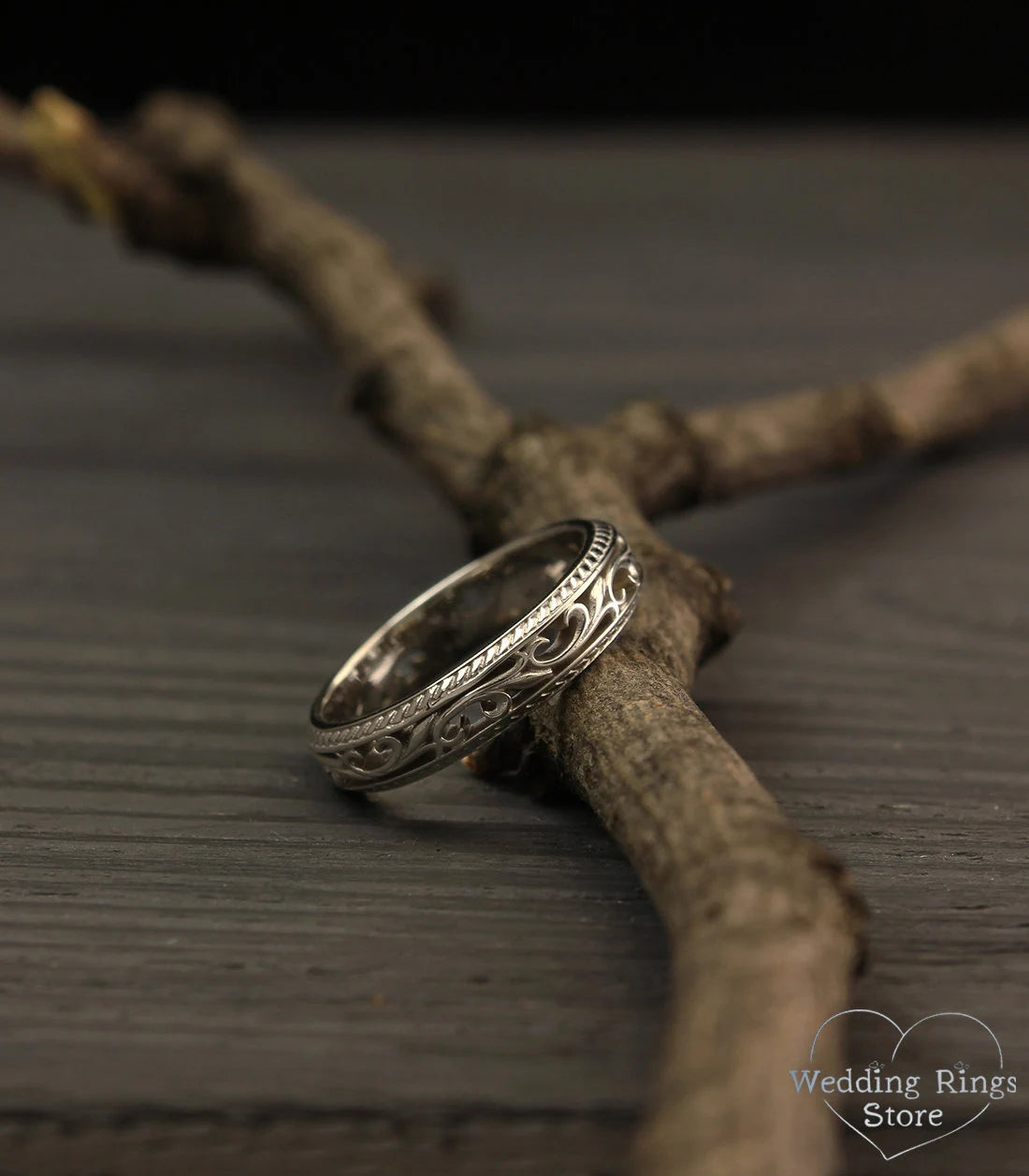 Silver Vine and Filigree Wedding Band Vintage style