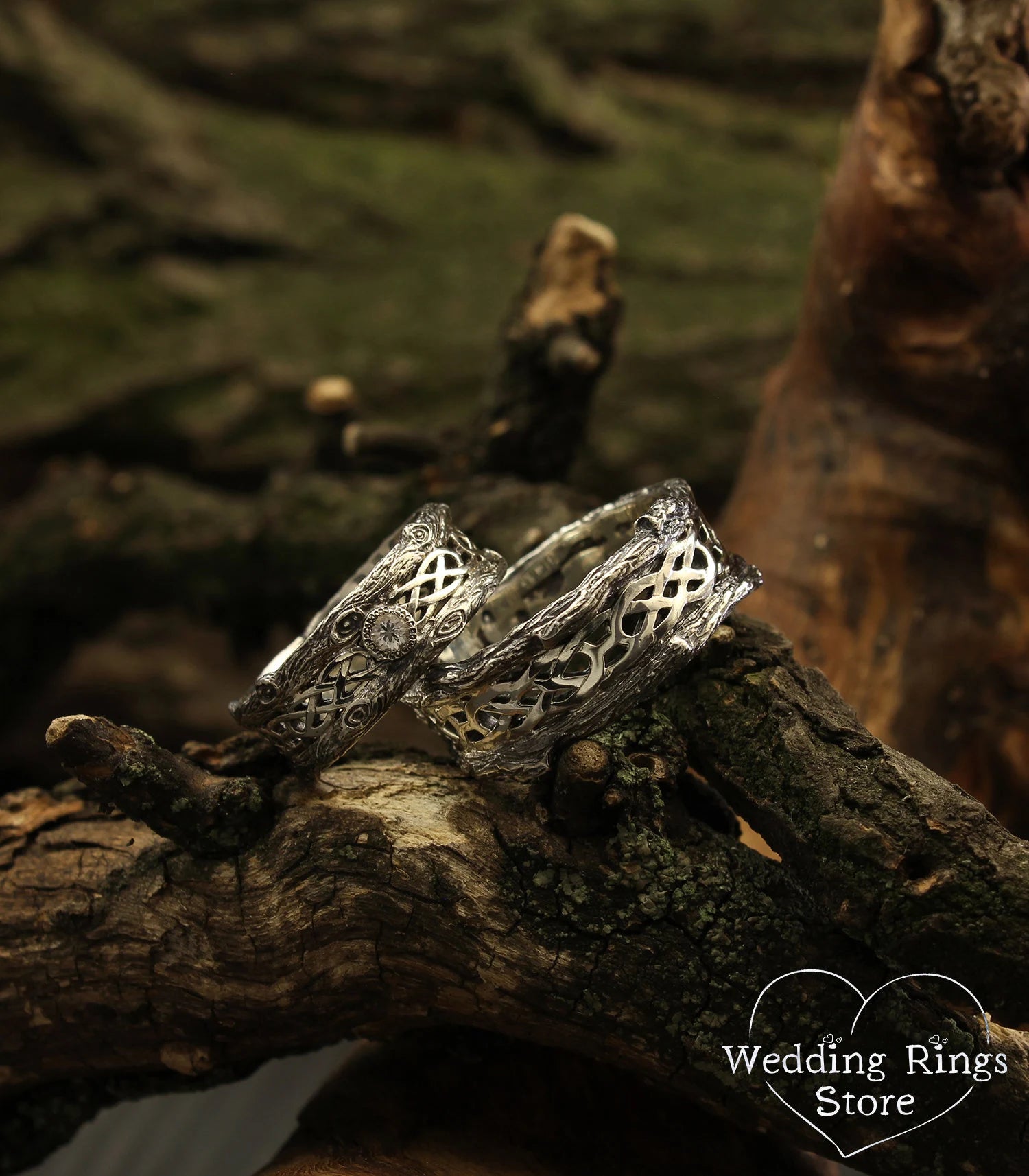 Silver Tree bark Couple Celtic Wedding Bands Set with Gem