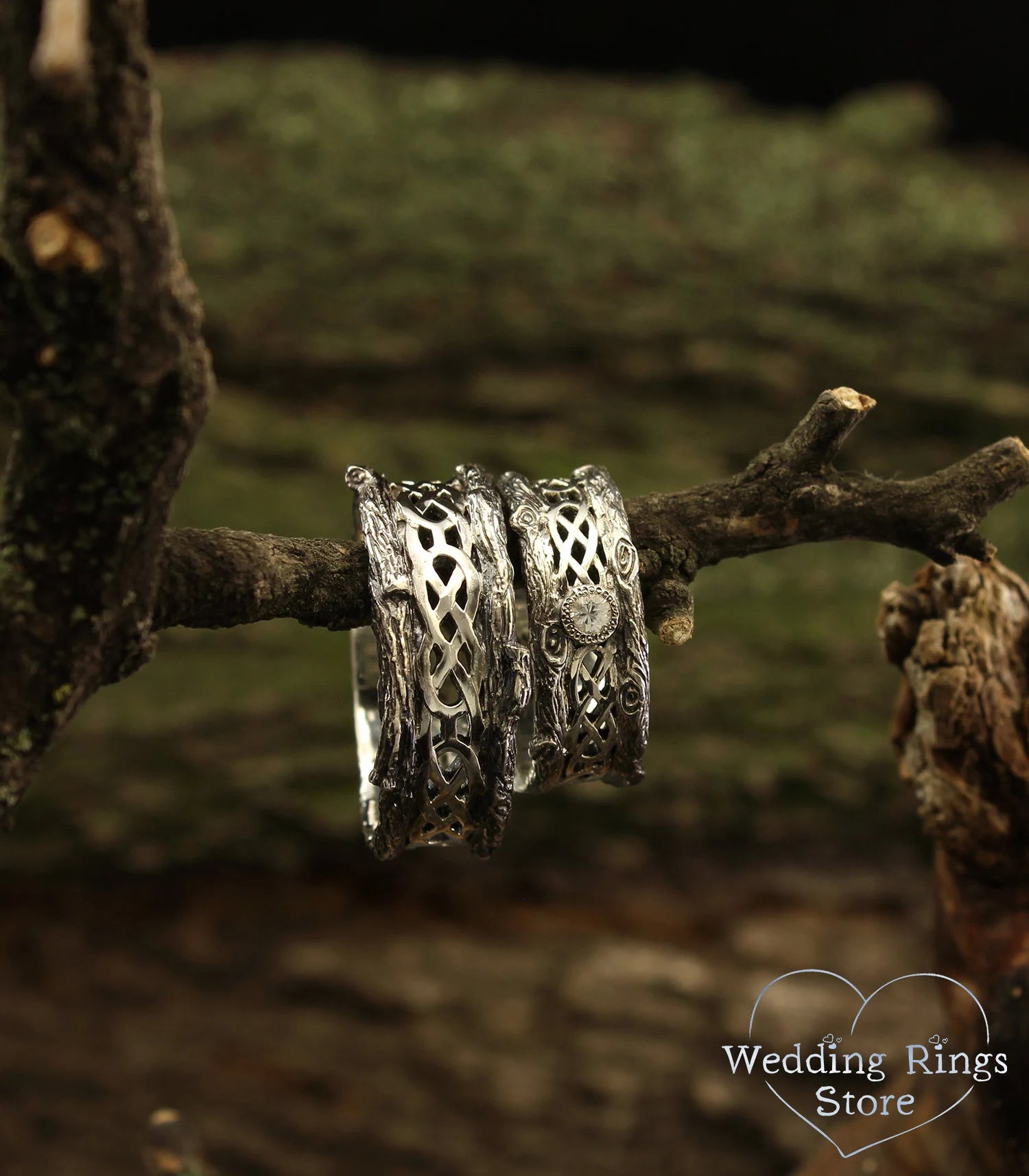 Silver Tree bark Couple Celtic Wedding Bands Set with Gem