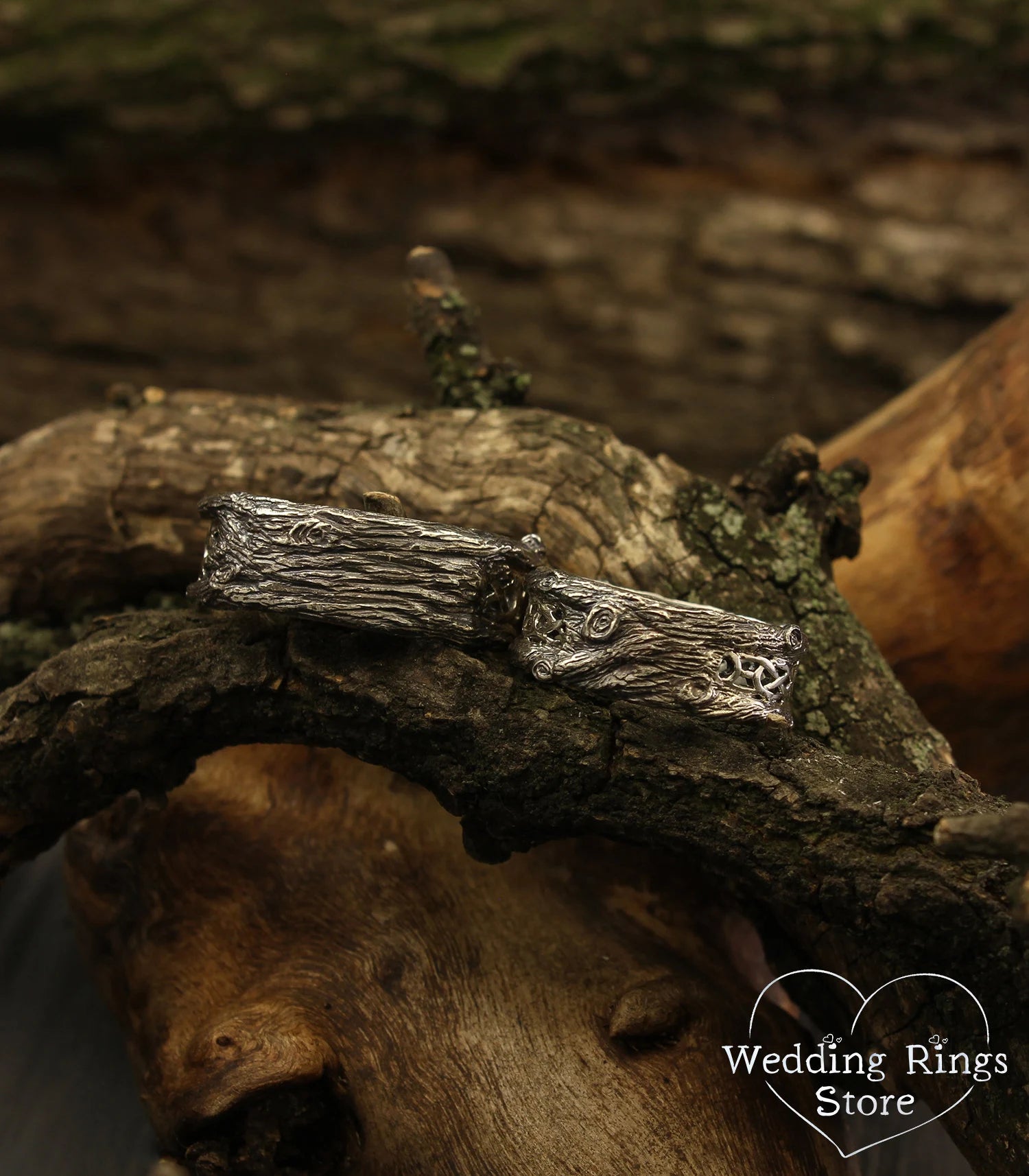 Silver Tree bark Couple Celtic Wedding Bands Set with Gem