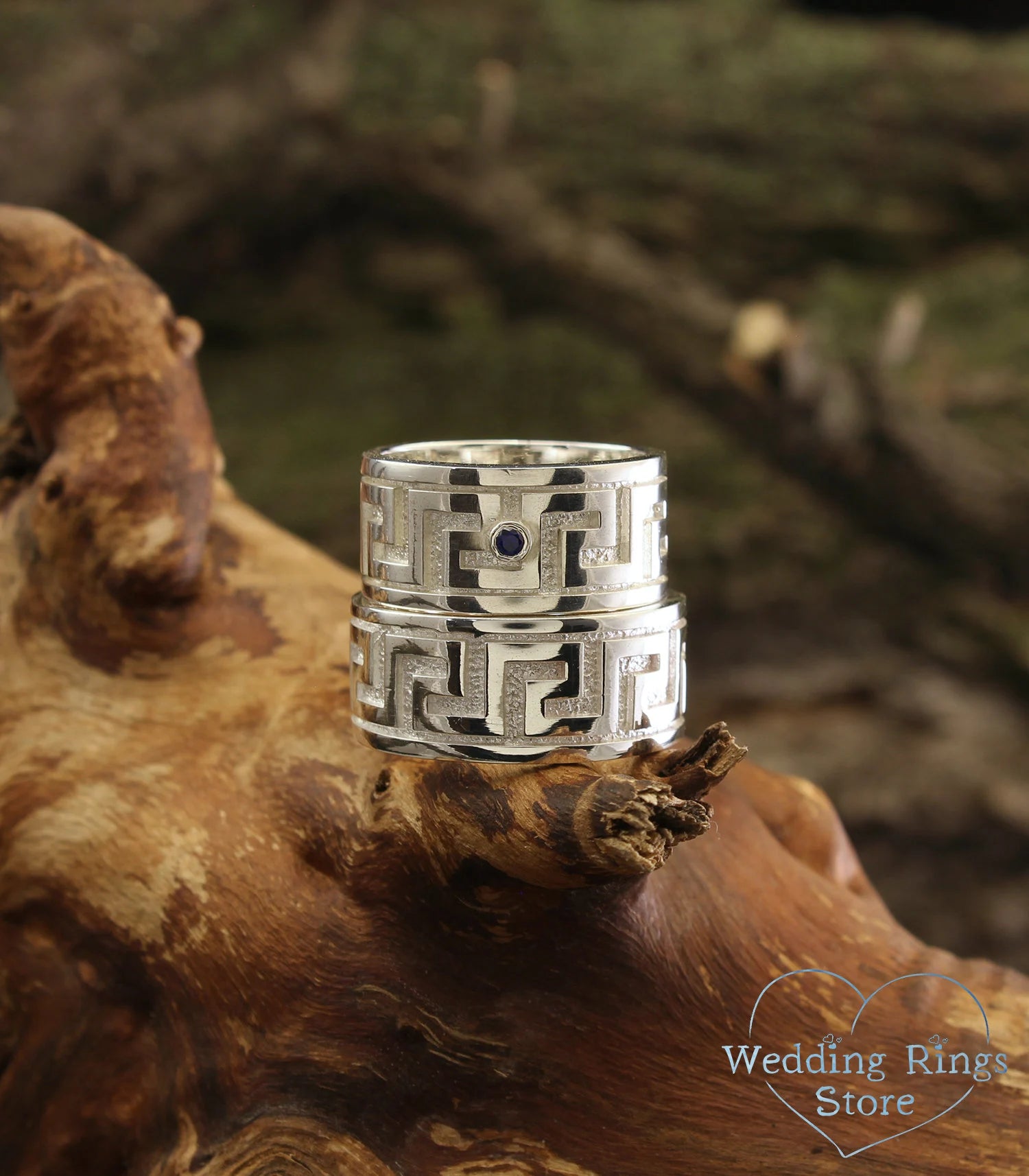 Shiny Meander Greek Wedding Bands Set with Sapphire