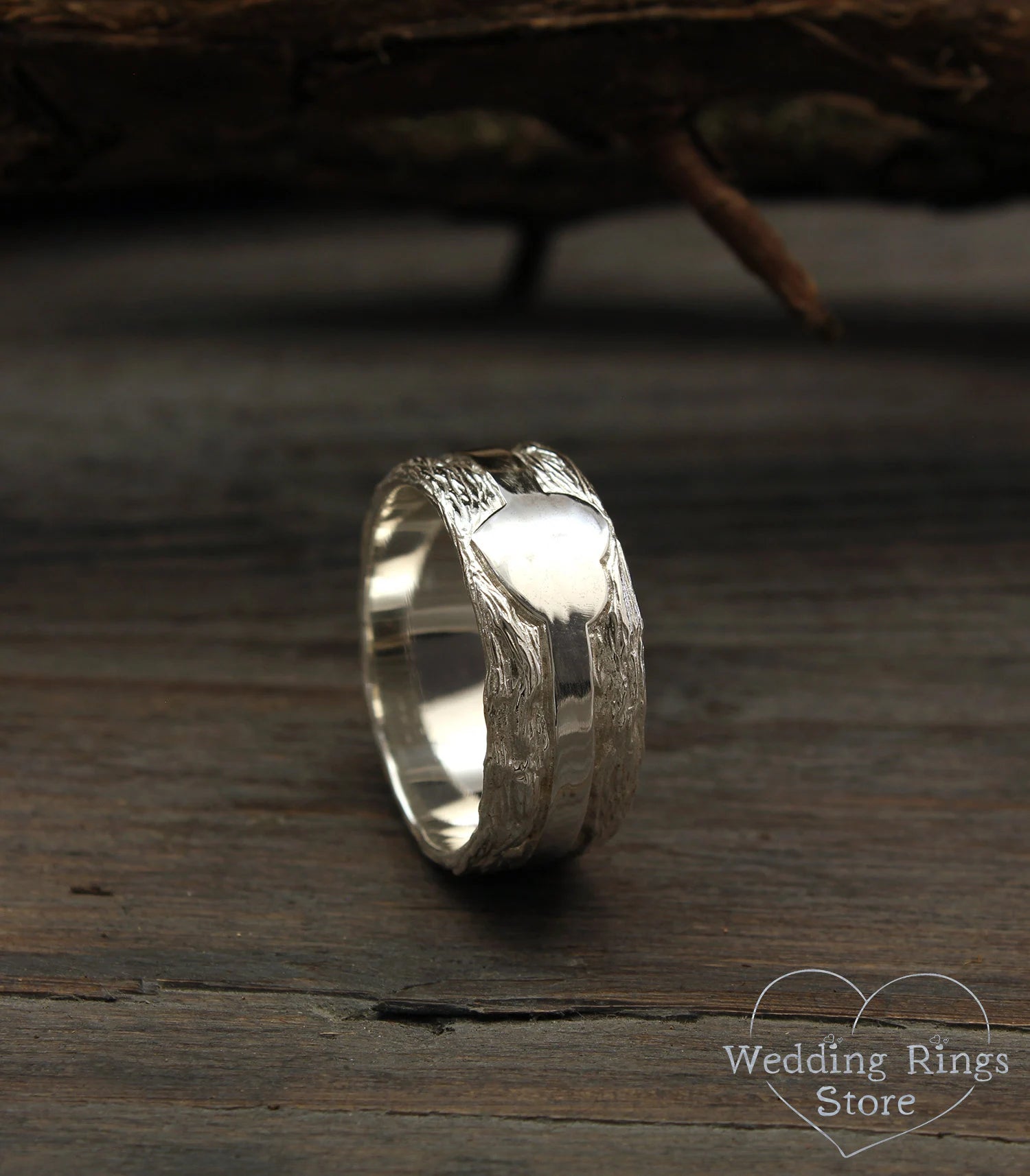 Forest Woodbark & Heart Men's Wide Wedding Band Silver