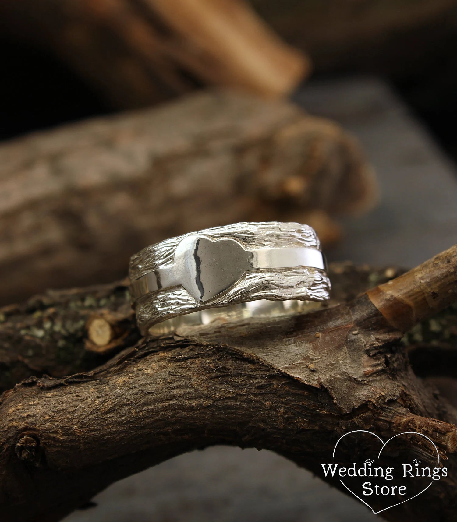 Forest Woodbark & Heart Men's Wide Wedding Band Silver