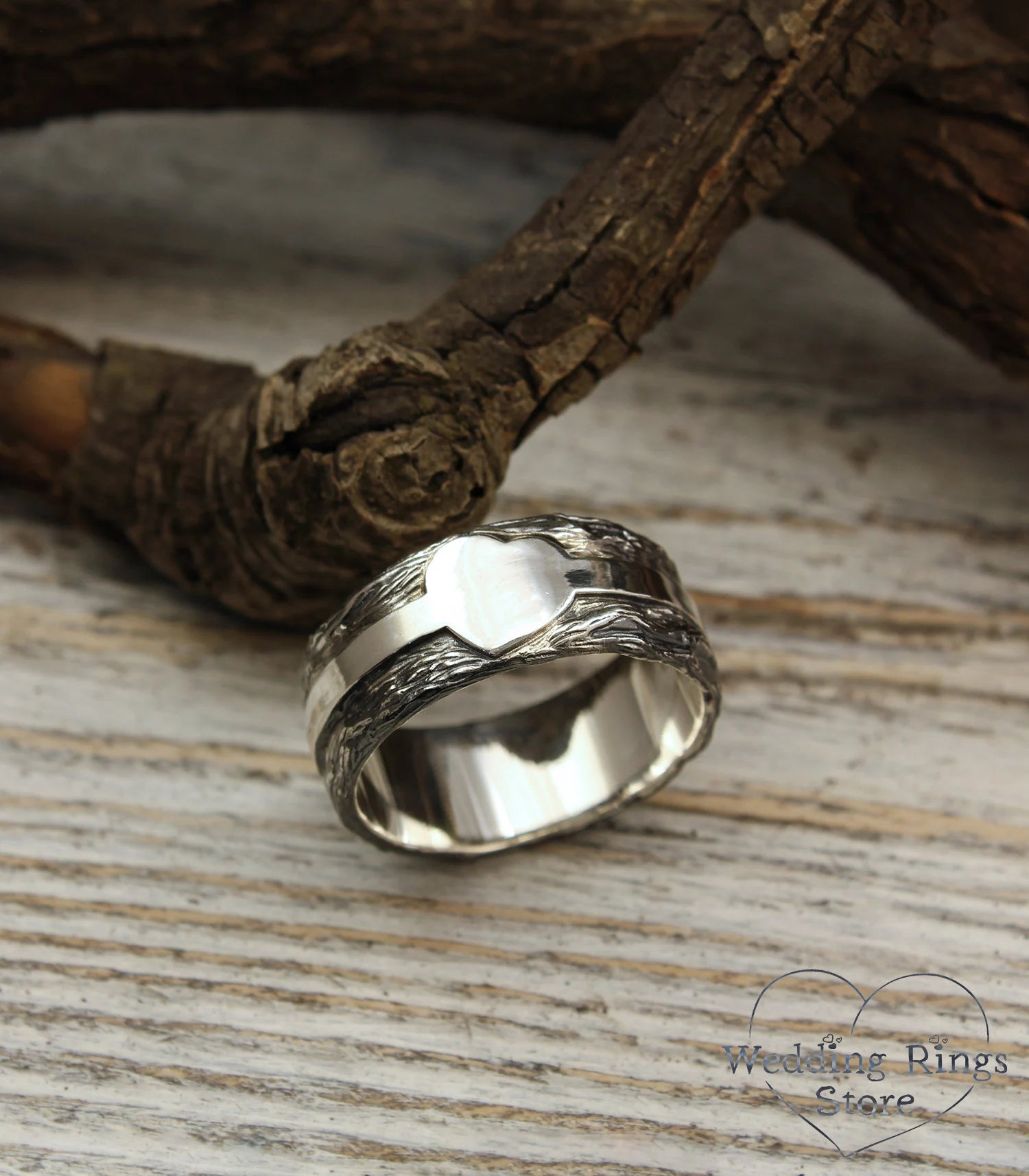 Forest Woodbark & Heart Men's Wide Wedding Band Silver