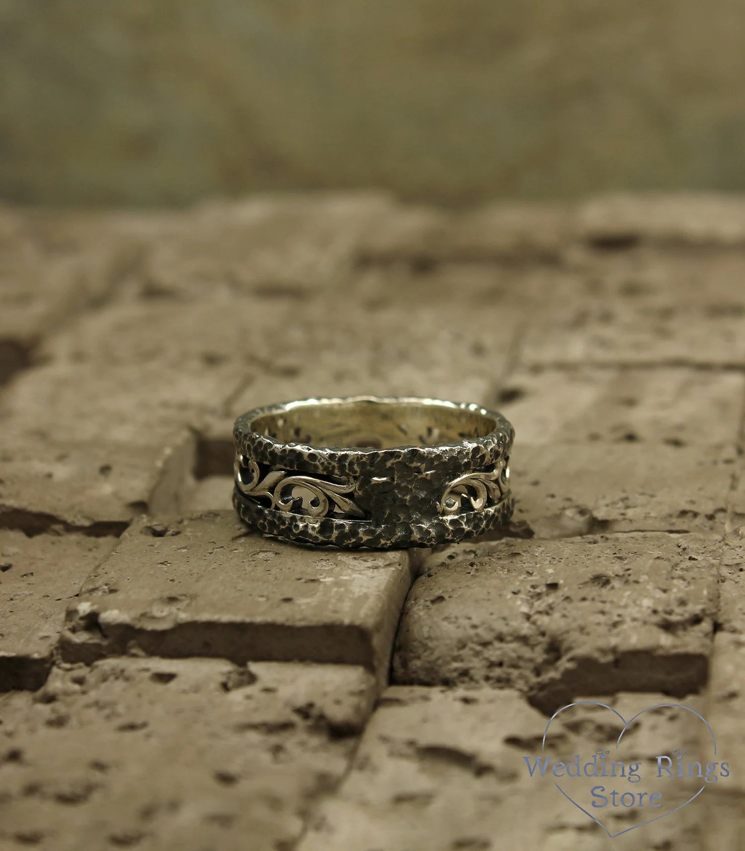 Hammered Wedding Band Vintage style Vine & Rocky Silver