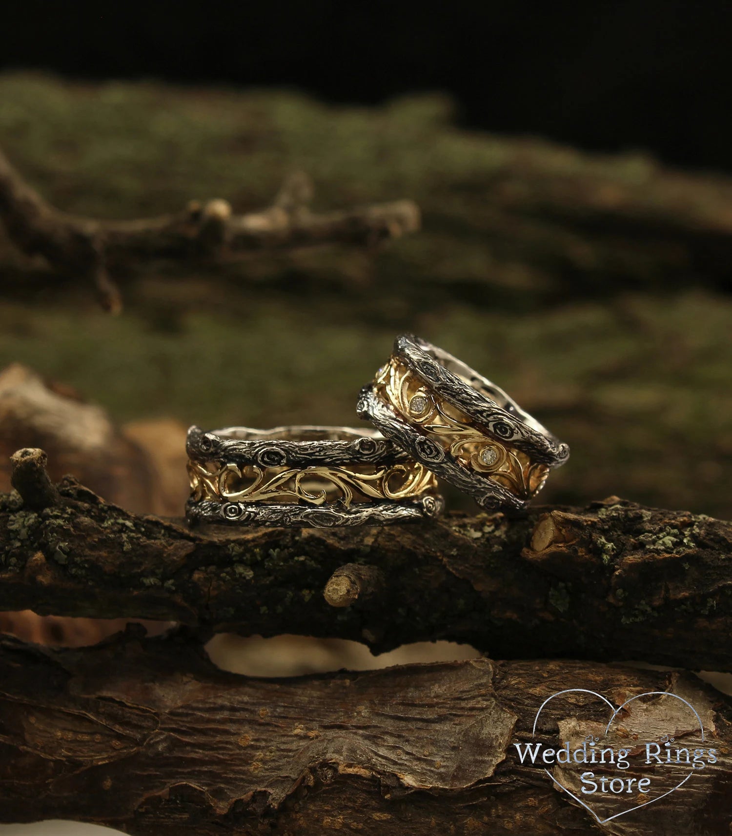 Tree styled Diamond and Vine Wedding Bands Set in Mixed metals