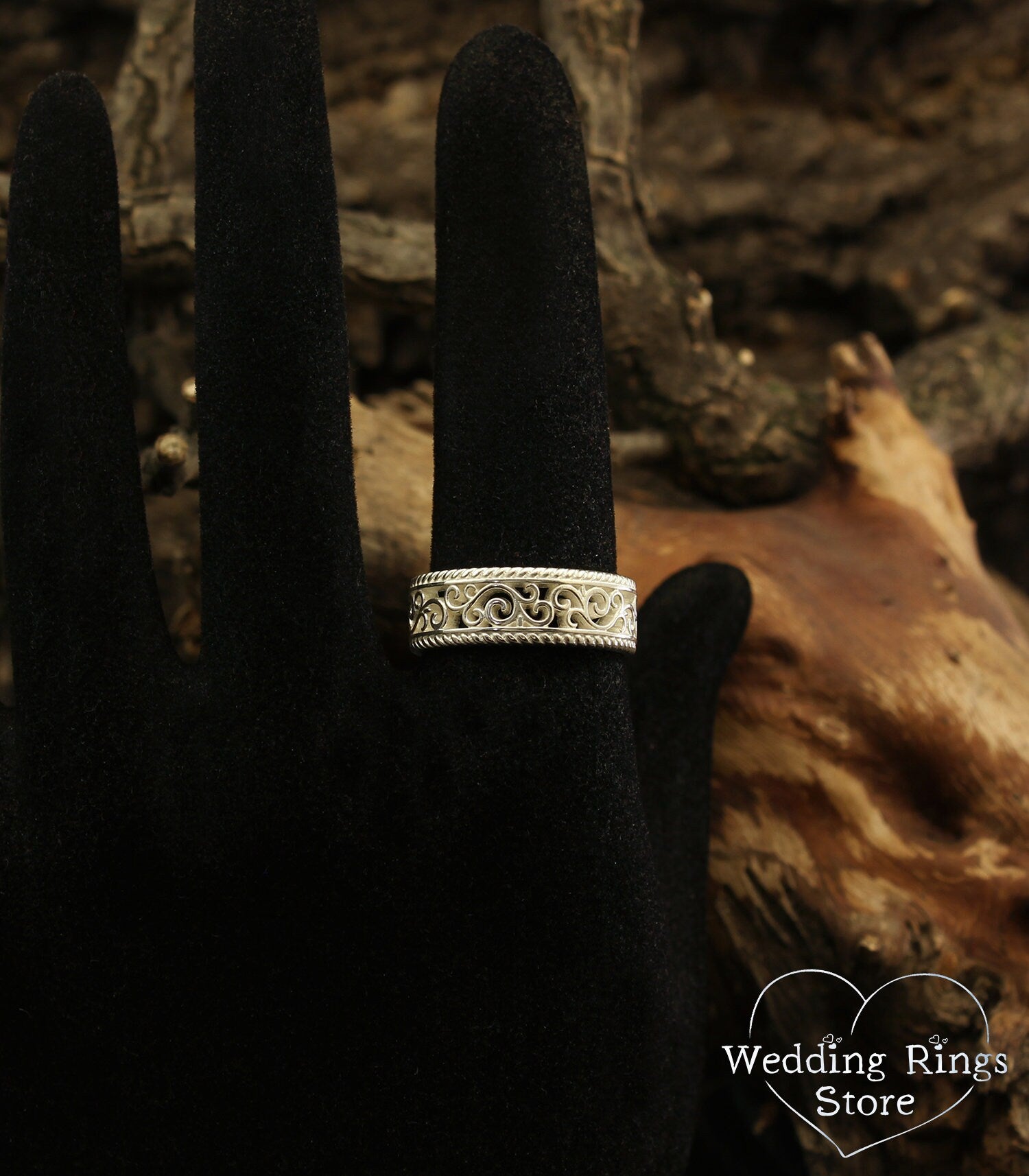 Vine and Filigree Unique Old-Fashioned Silver Wedding Ring