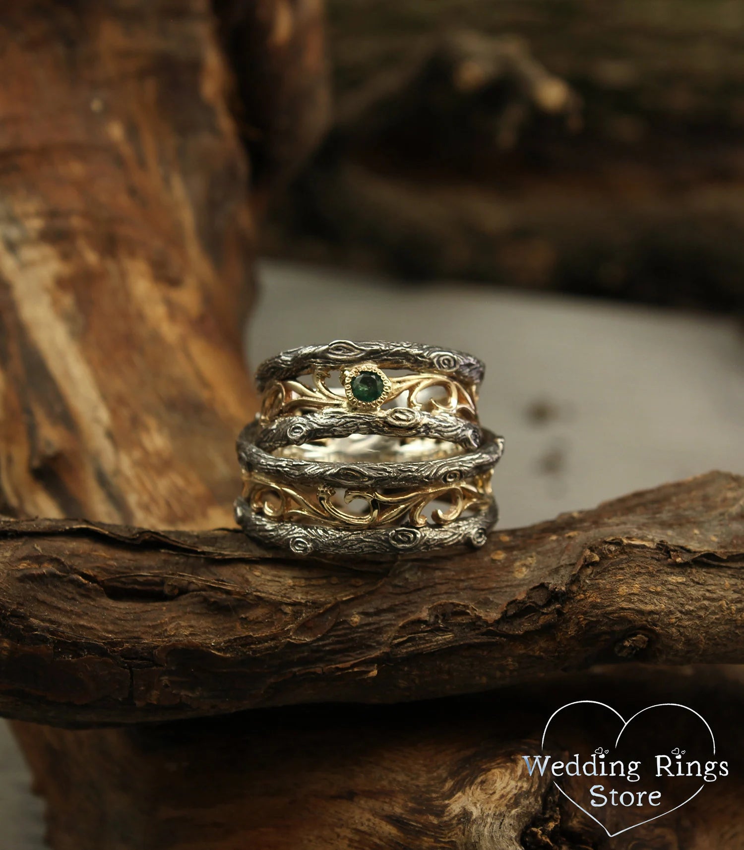 Vintage Vine and Tree Wedding Bands Set with Emerald