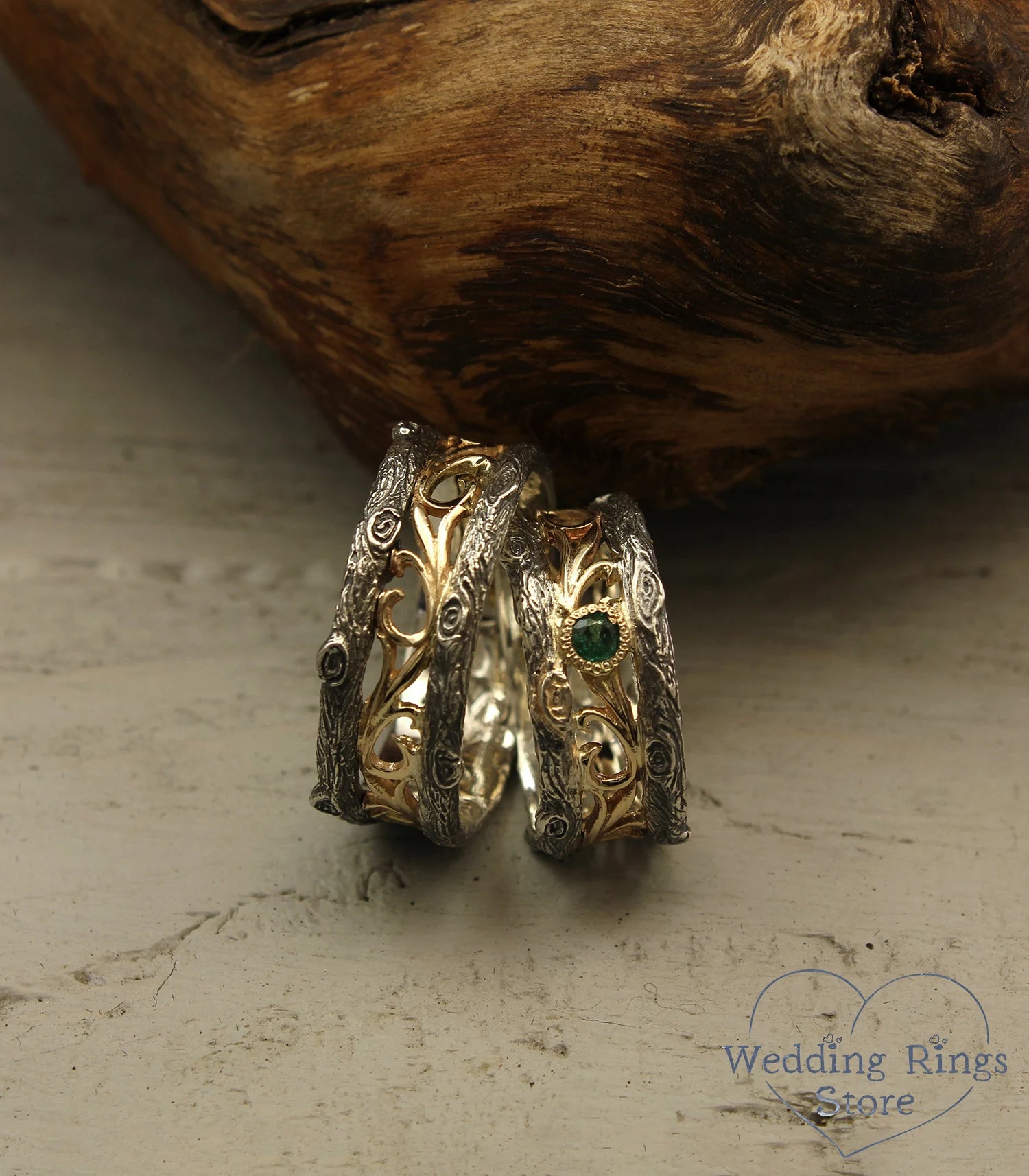 Vintage Vine and Tree Wedding Bands Set with Emerald