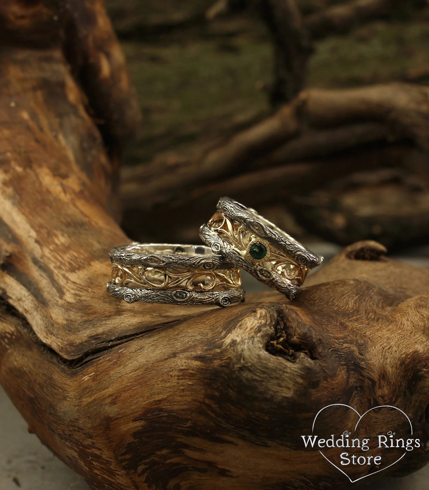 Vintage Vine and Tree Wedding Bands Set with Emerald