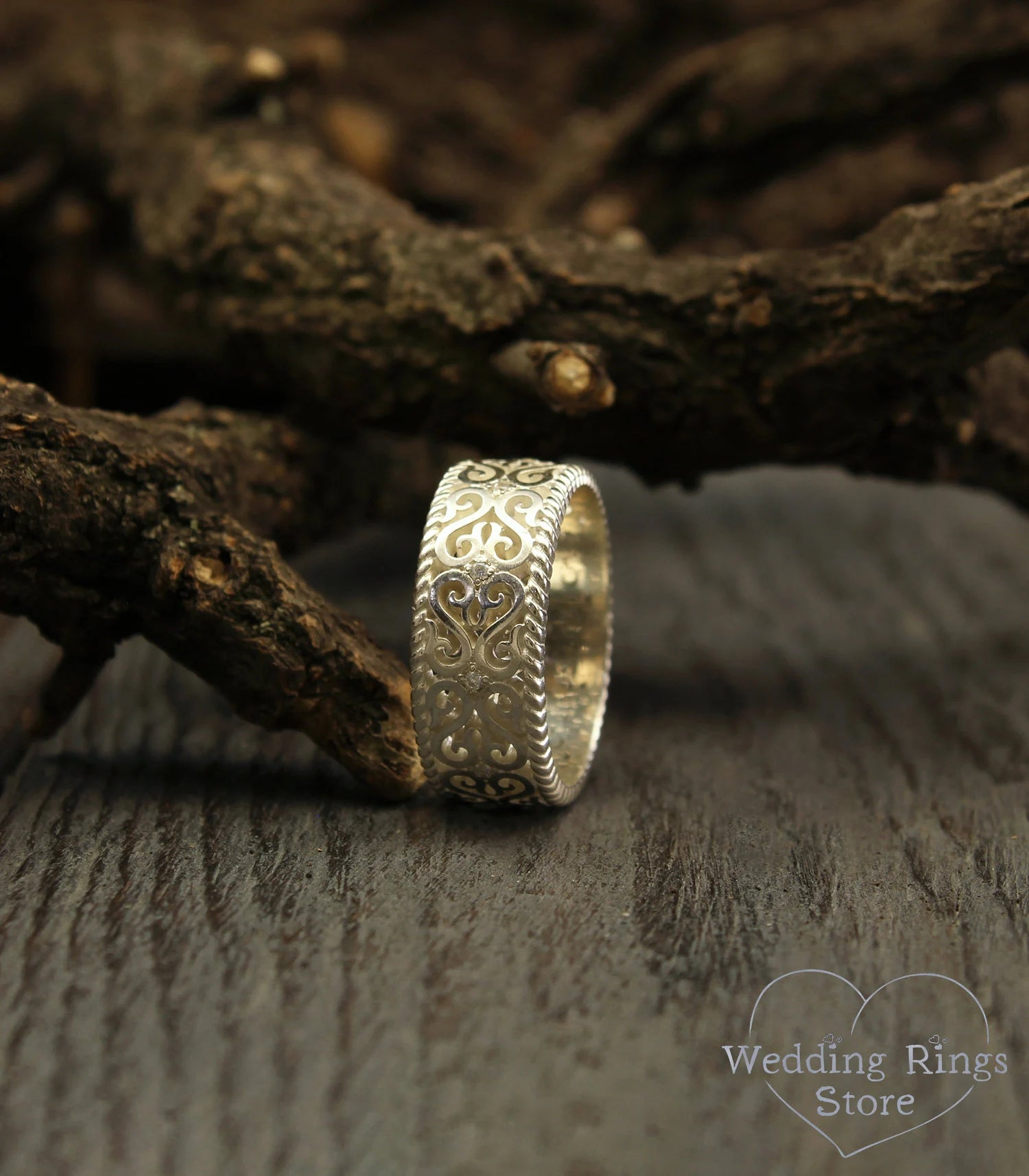 Large Silver Vintage Wedding Band Filigree and Gems