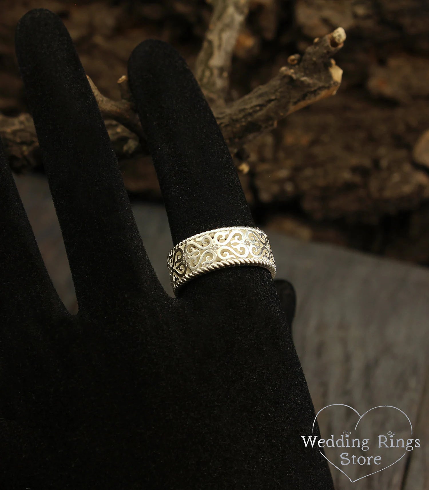 Large Silver Vintage Wedding Band Filigree and Gems