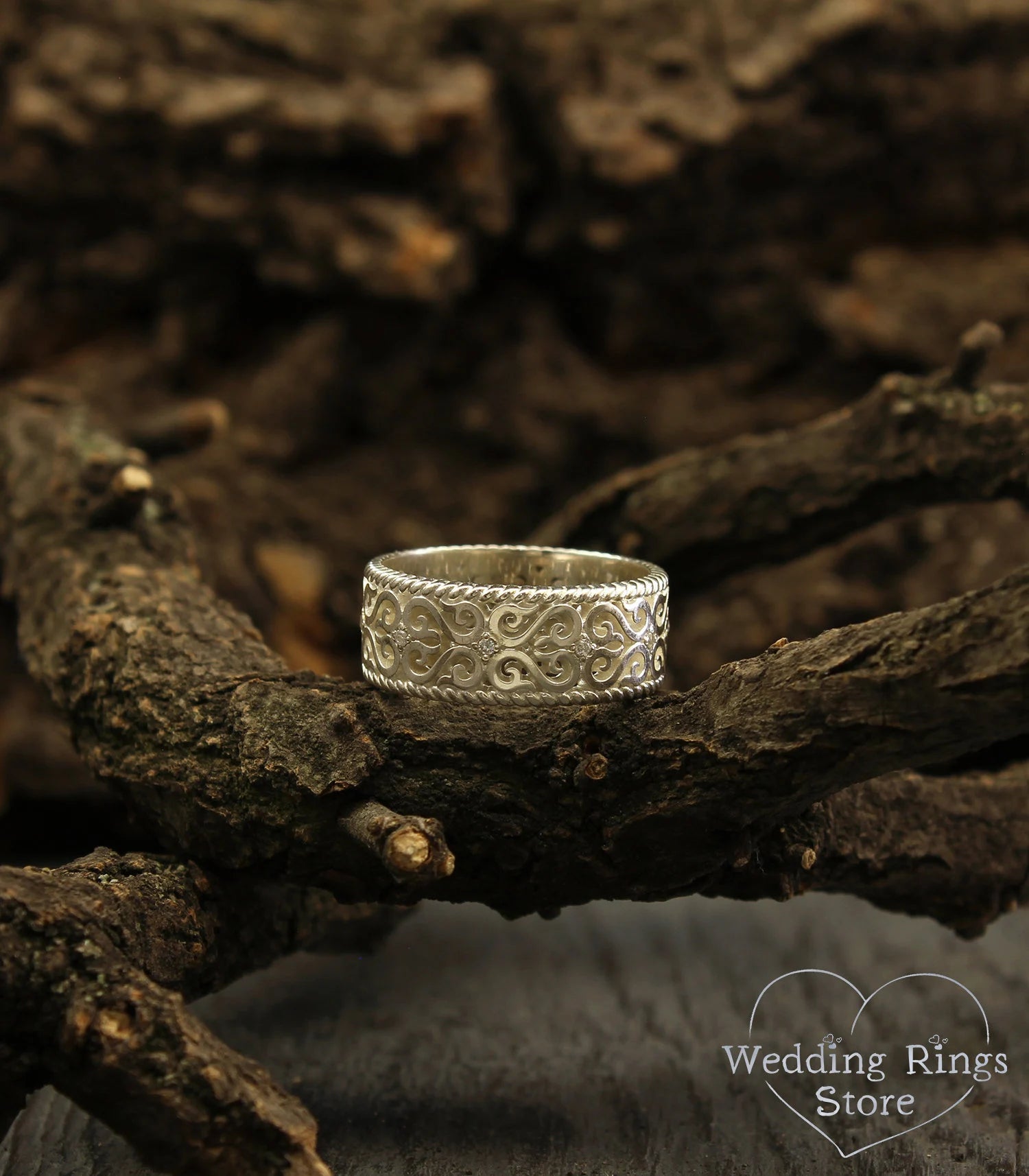 Large Silver Vintage Wedding Band Filigree and Gems
