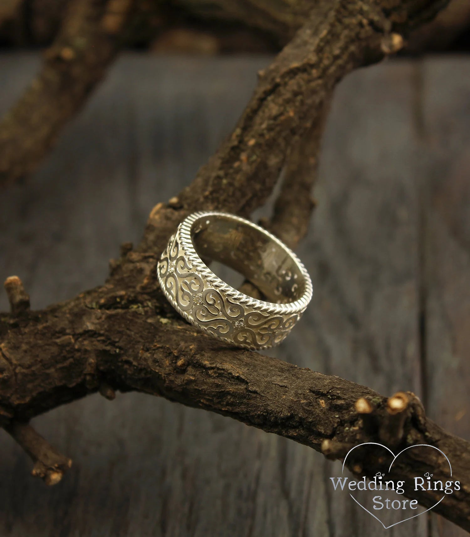 Large Silver Vintage Wedding Band Filigree and Gems