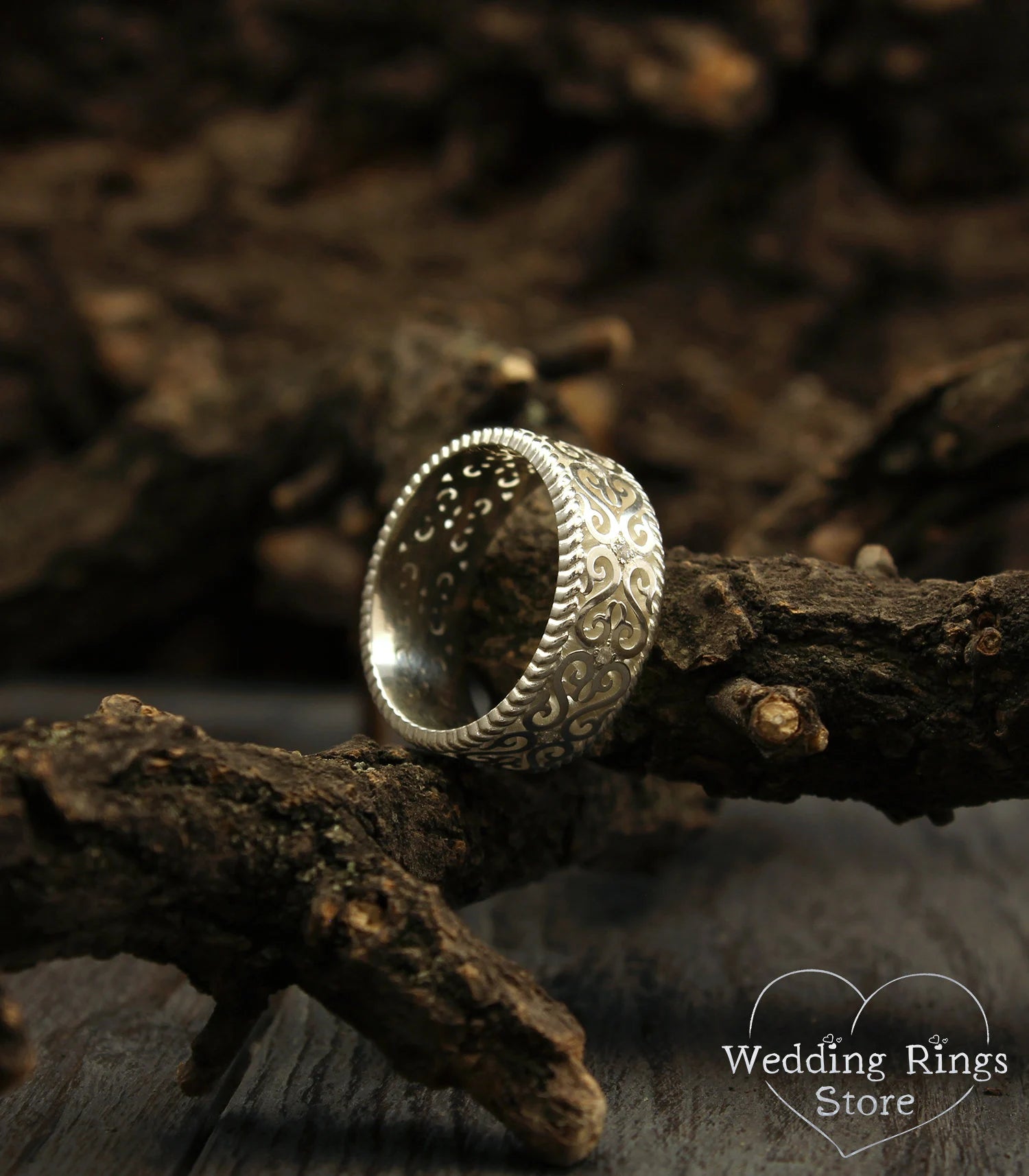 Large Silver Vintage Wedding Band Filigree and Gems