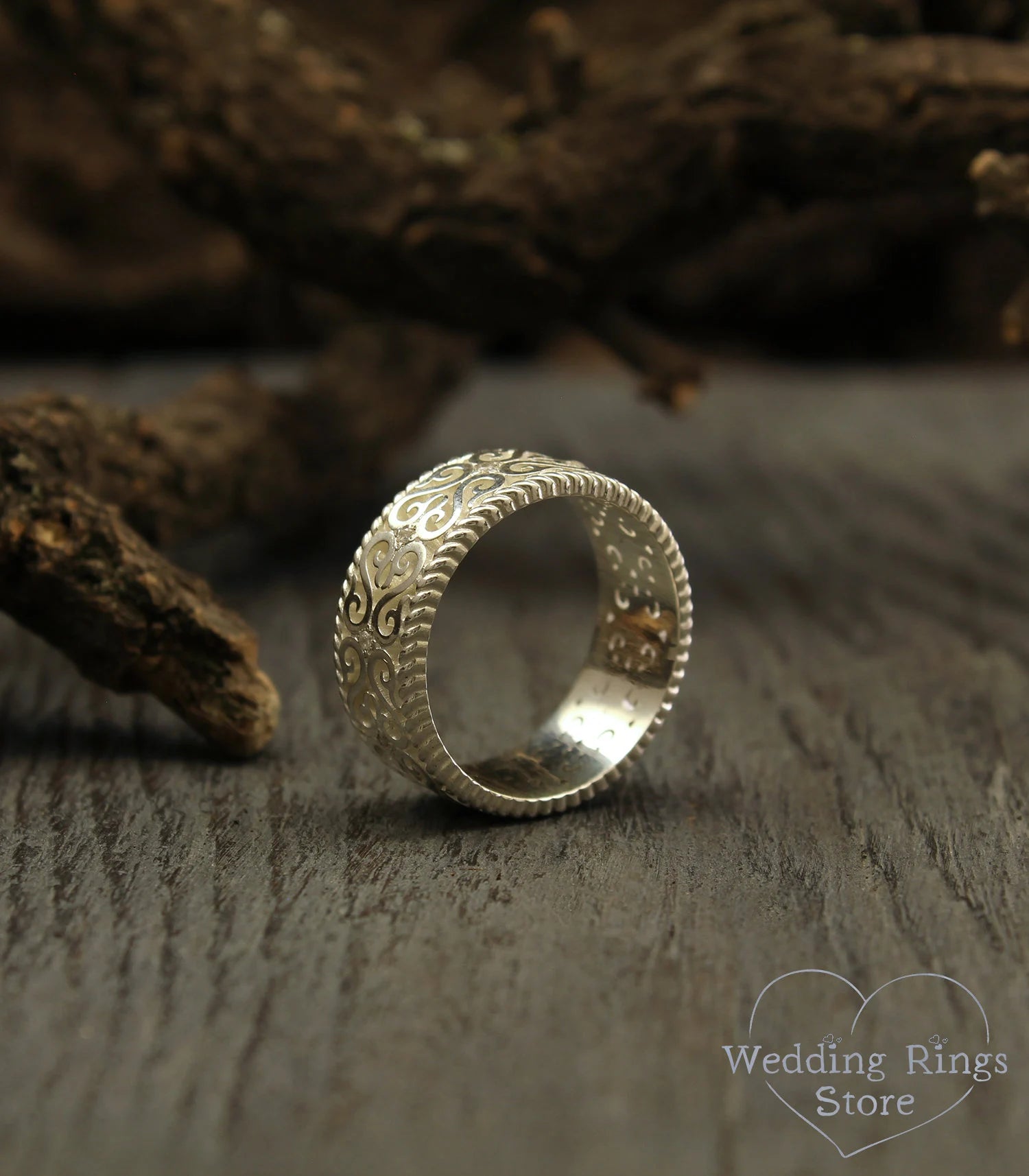 Large Silver Vintage Wedding Band Filigree and Gems