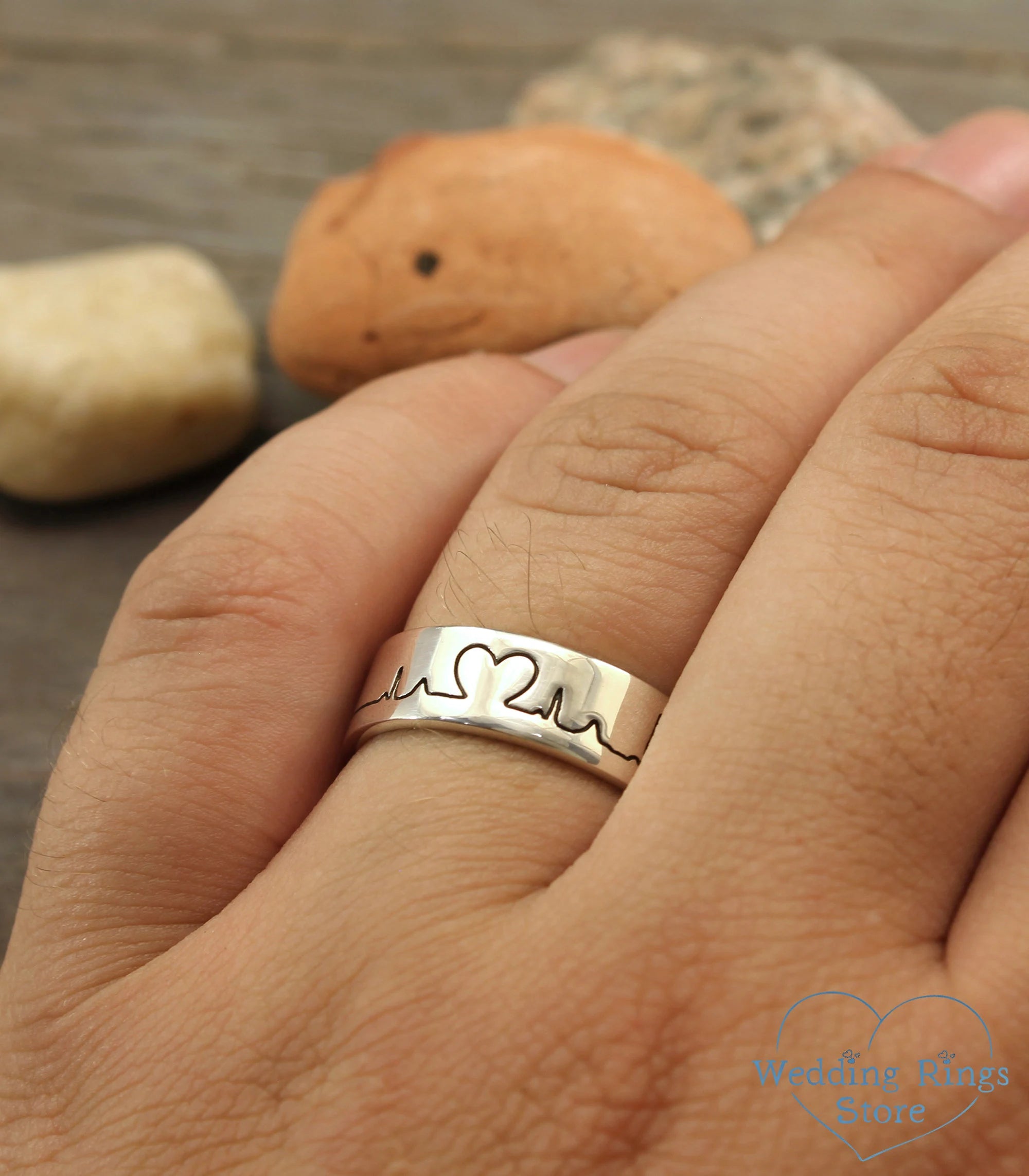 Sterling Silver Engraved Heart Ring – Heartbeat Wedding Band