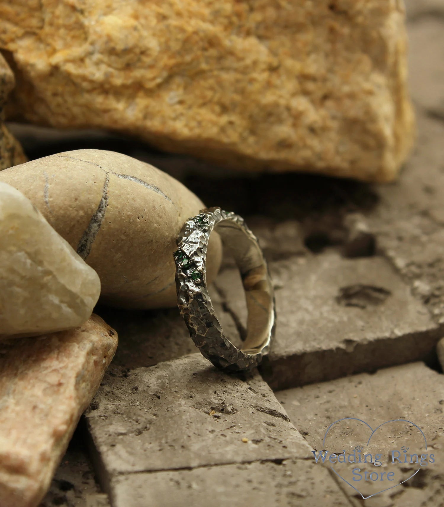 Unique Silver Hammered Wedding Band with Emerald gem