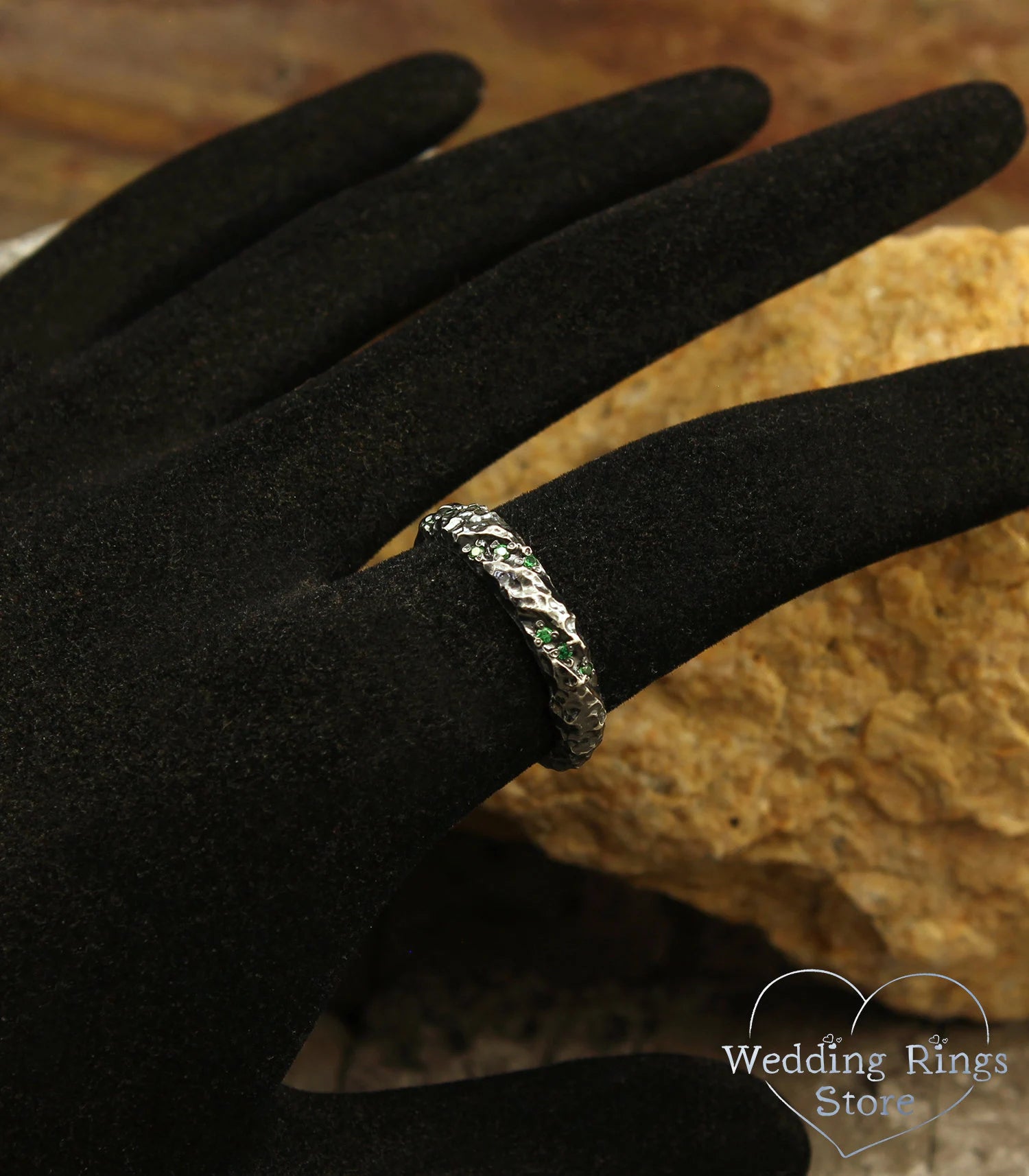 Unique Silver Hammered Wedding Band with Emerald gem