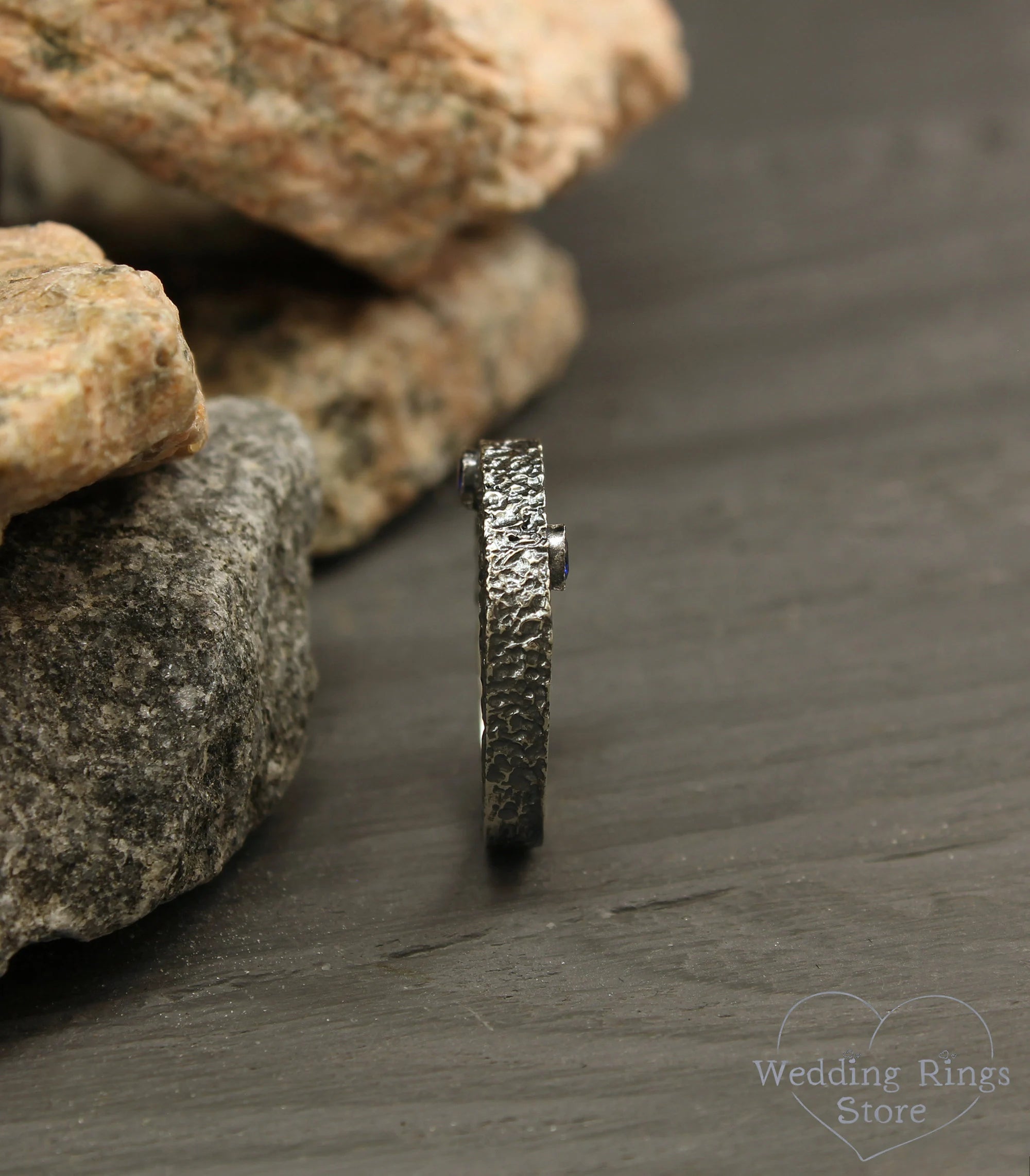 Unique Silver Rocky Hammered Lava Ring with Sapphire