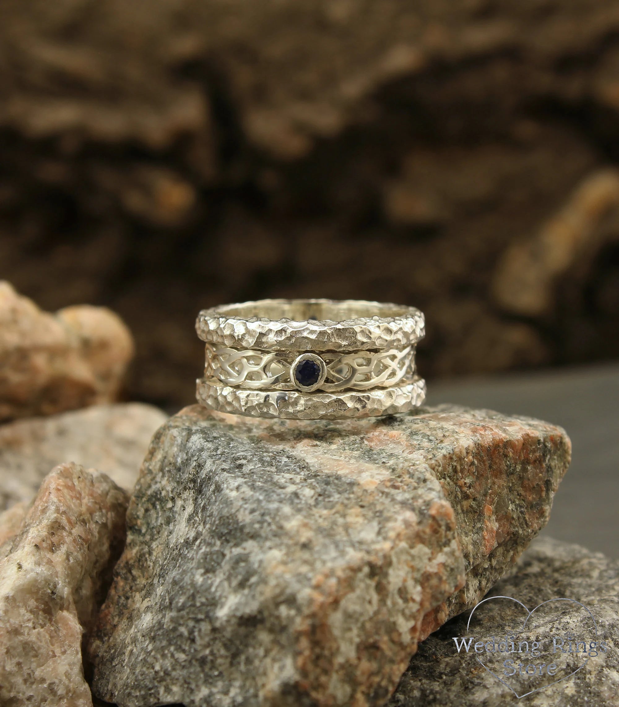 Wide Hammered Silver Celtic Wedding Band with Sapphire