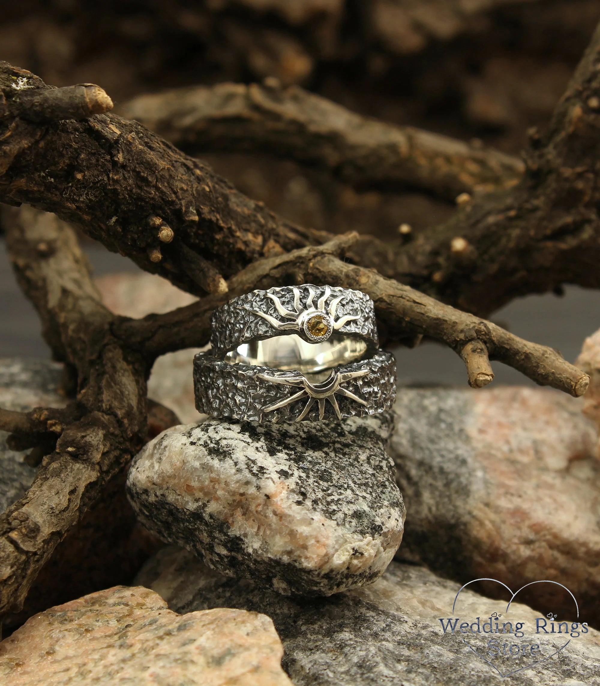 Sun & Moon Wedding Bands — Unique matching Rings