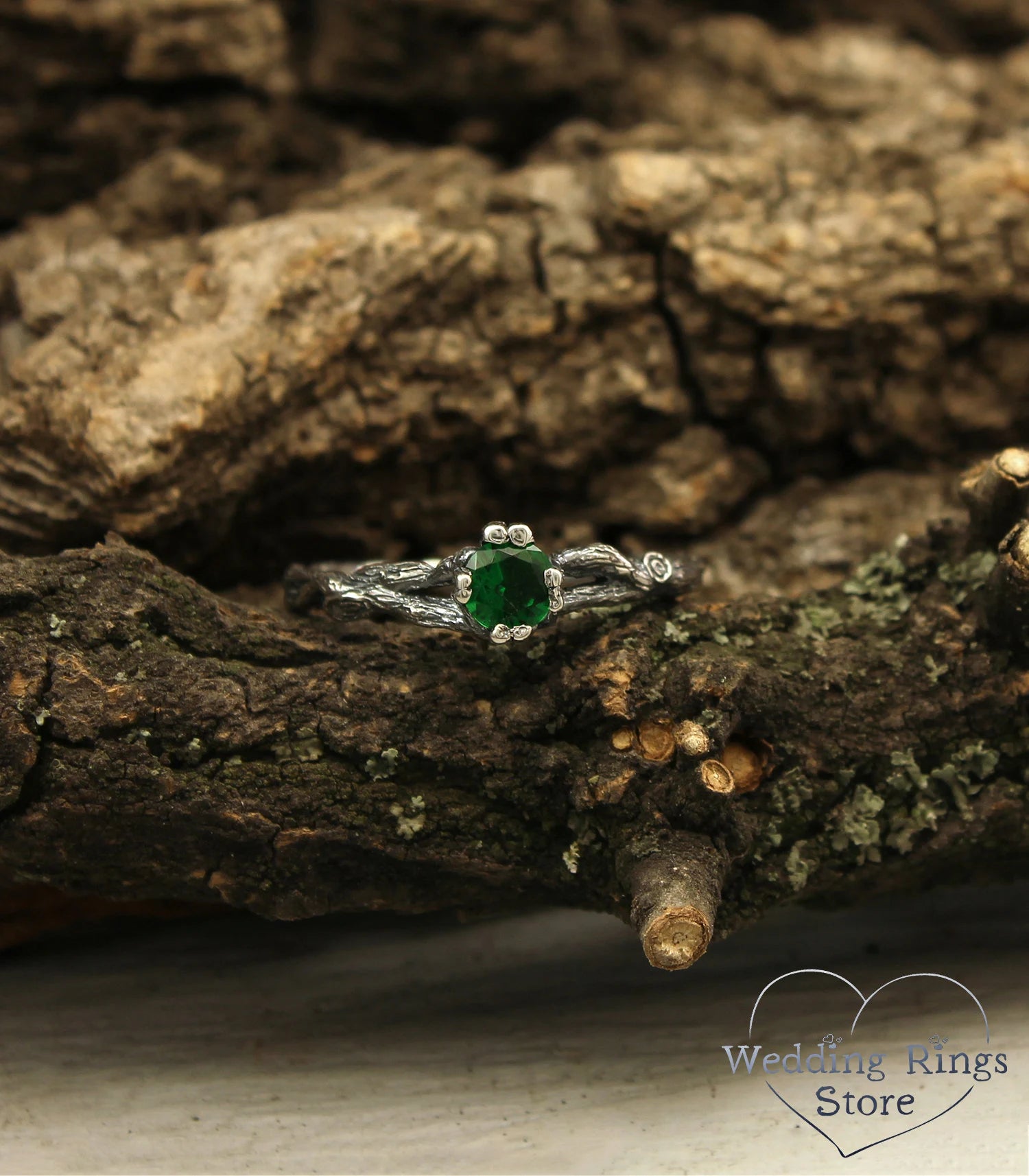 Solitaire Emerald & Silver Tiny Branch Engagement Ring
